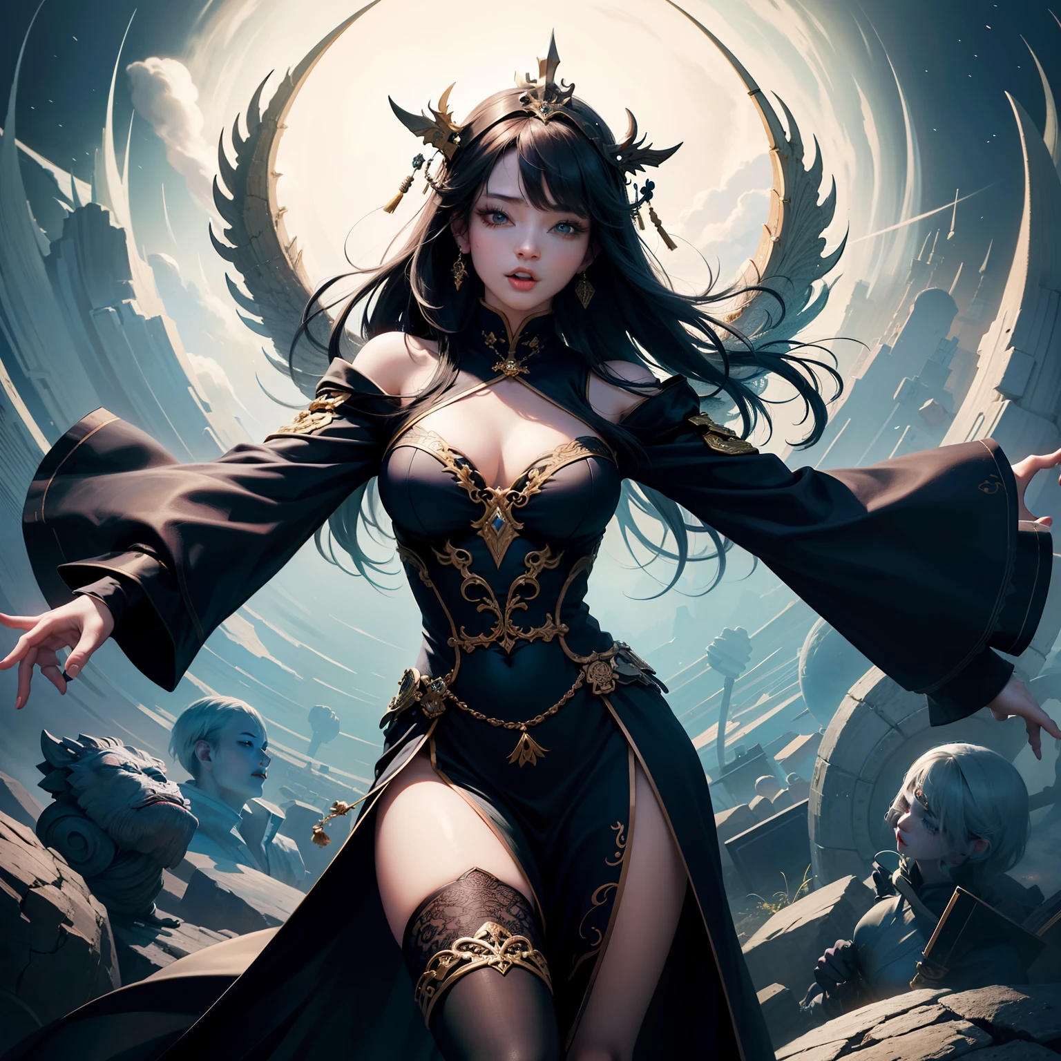 8k wallpaper、ultra-detailliert、Beautifully Aesthetic、​masterpiece、top-quality、(Fractal Art:1.3)、One girl、ighly detailed、Dynamic angles、The most beautiful forms chaos、elegent、Brutalist design、Vibrant colors、romantism、Double big eyes、long lashes、Green eyes、Darker makeup、long tongue、Stick out your tongue and laugh、Well-formed face、Background black、Chinese style costume、Black costume、chineseidol、Historical figures、Woman Too Beautiful、Woman Flying in the Sky on a Dragon 1.Strong impression、