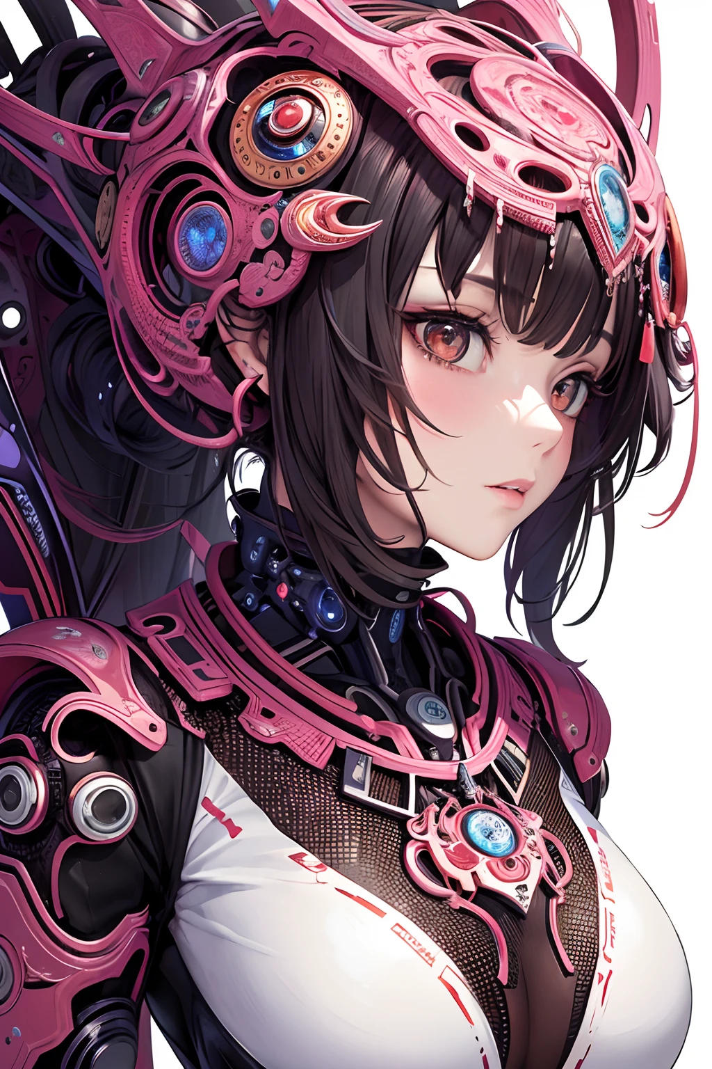 (masterpiece, top quality, best quality, official art, beautiful and aesthetic:1.2), (1girl), extreme detailed,(fractal art:1.3),colorful,highest detailed, cybernetic implants, blood vessels coming out of head, looking sad with a group of robots assembling her.