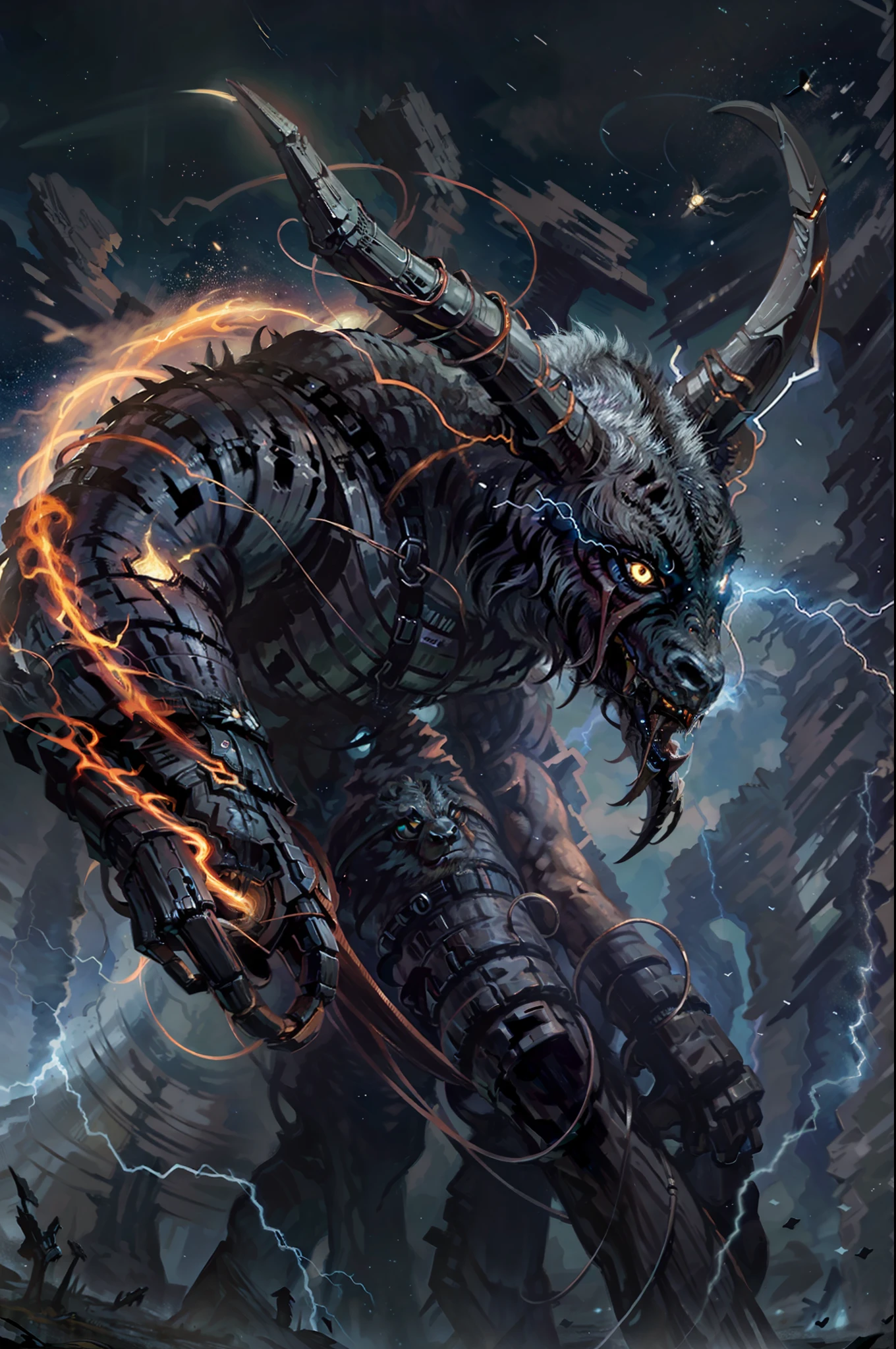 A portrait of an alien creature,space ship,Oversized creatures,Super strong,Evil appearance,grim eyes,(Goat's head:1.2)Surrounded by lightning and thunder,Dark and terrifying outer space creatures,extraterrestial,On the earth,
