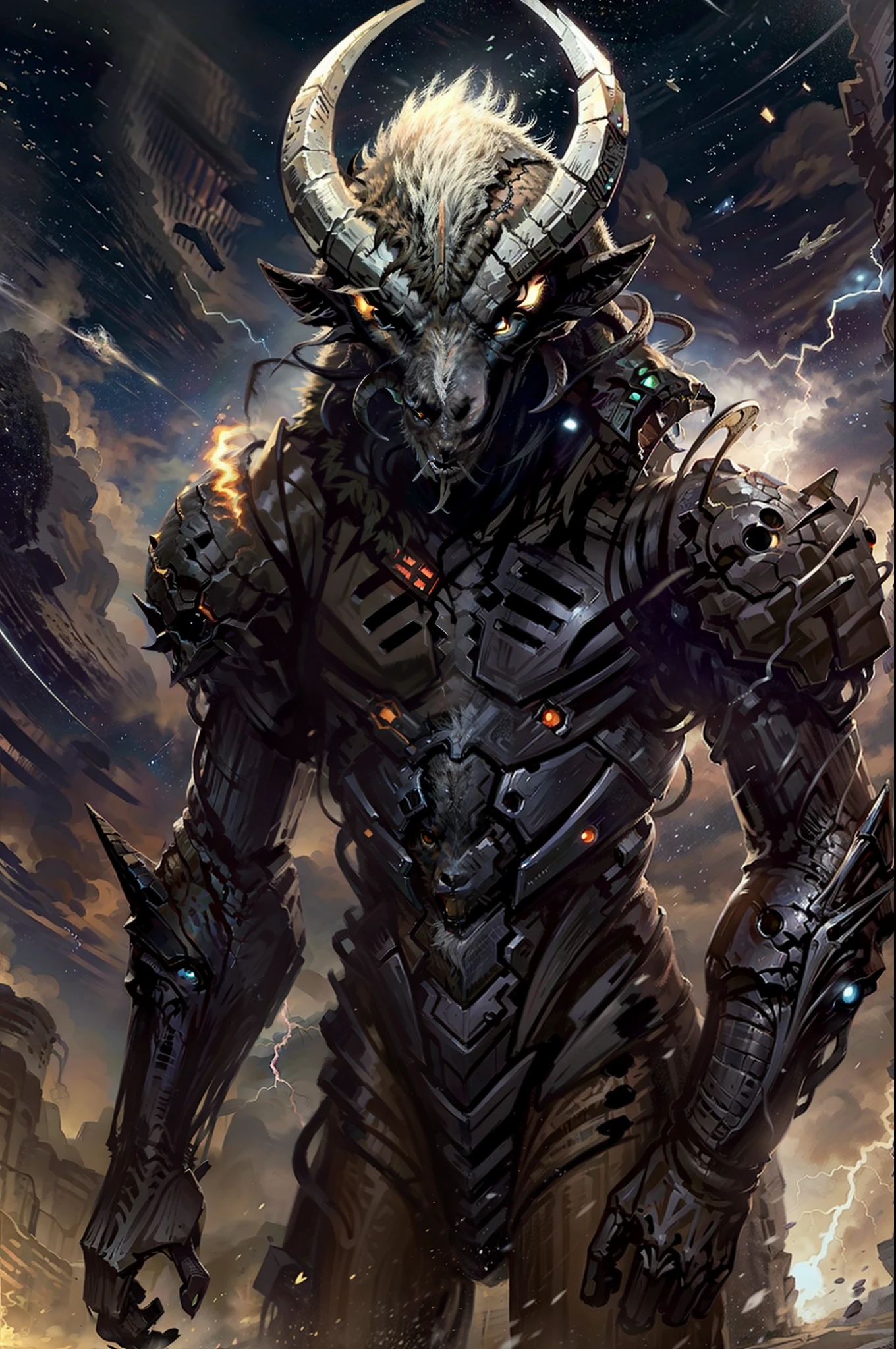 A portrait of an alien creature,space ship,Oversized creatures,Super strong,Evil appearance,grim eyes,(Goat's head:1.2)Surrounded by lightning and thunder,Dark and terrifying outer space creatures,extraterrestial,On the earth,