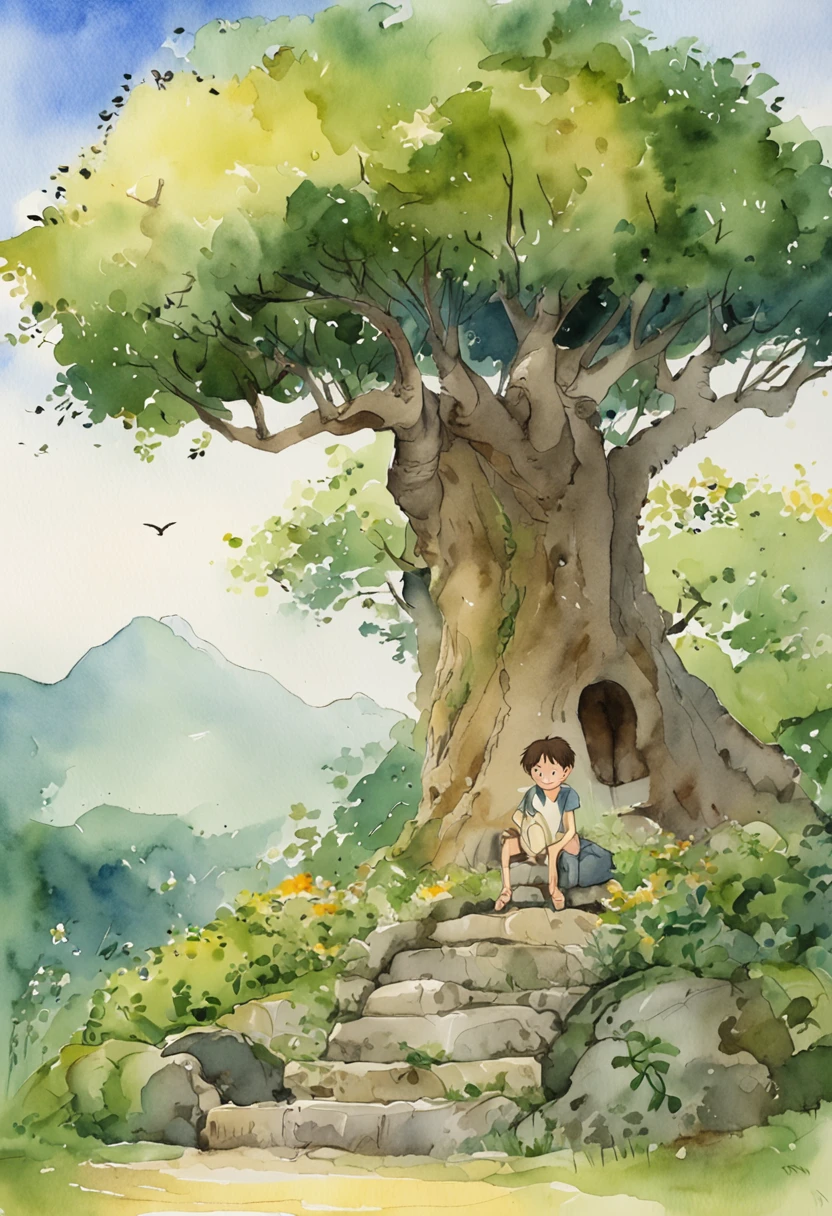 Studio Ghibli,A little boy,Banyan tree,Solid background color