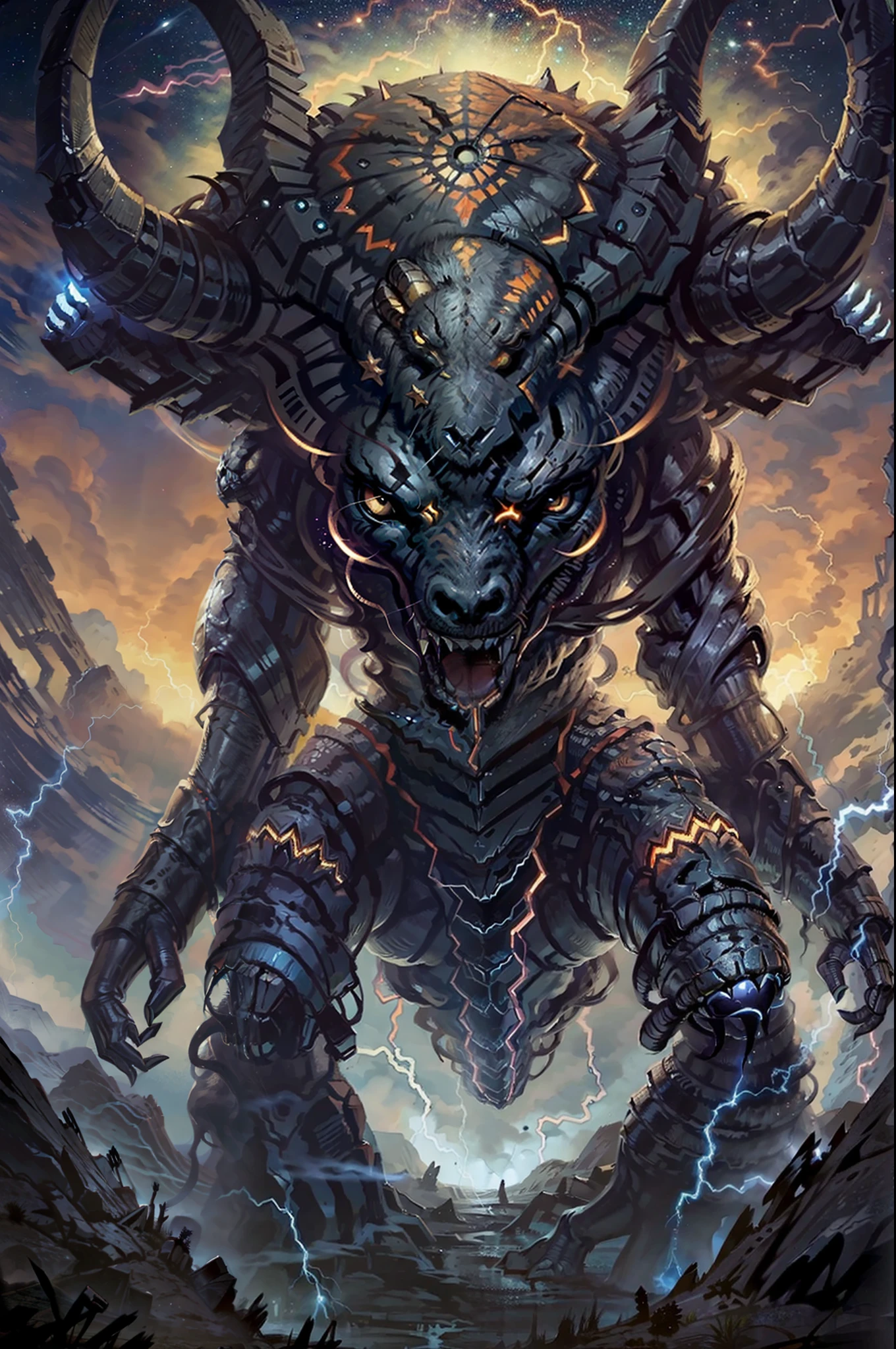 A portrait of an alien creature，space ship，Oversized creatures，Super strong，Evil appearance，grim eyes，（Goat's head：1.2）Surrounded by lightning and thunder，Dark and terrifying outer space creatures，extraterrestial，On the earth，