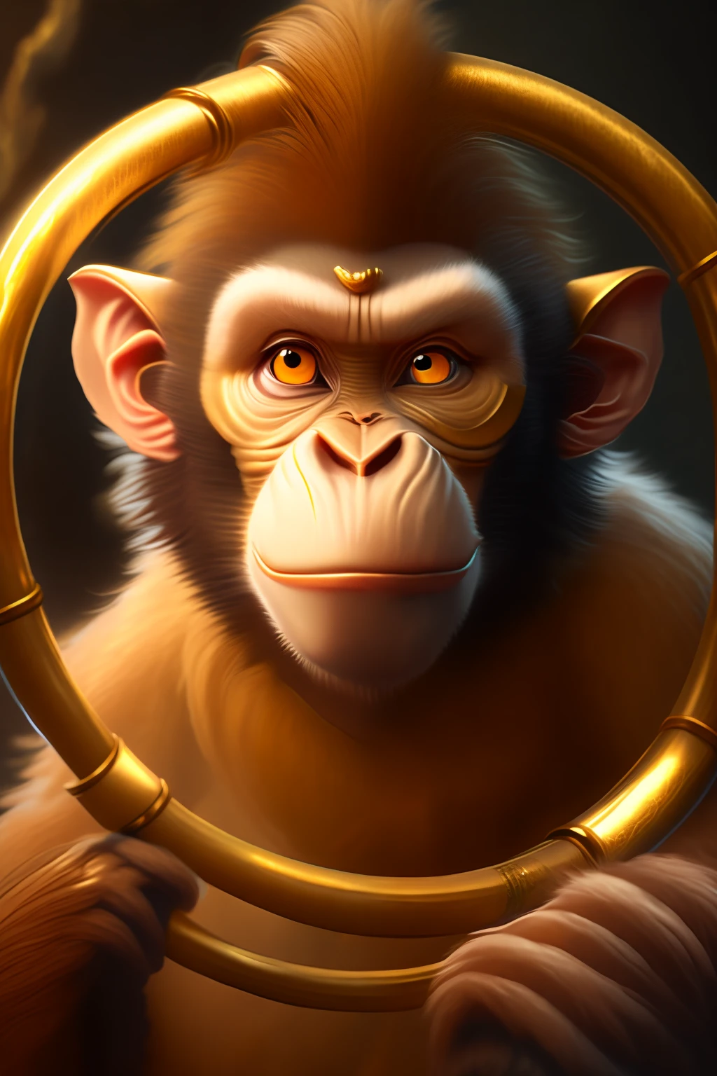 8k,Wukong,mythological stories,Sharp-billed monkey gills,erect through,Look into the distance,Holding a golden hoop rod,Angry croaking,realisticlying,Clear faces