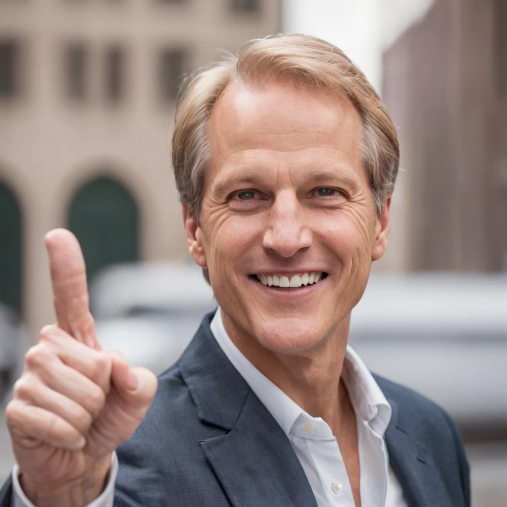 A political campaign poster of slightly aged Patrick Fabian running for United States Congress. He has a smile and he's giving a thumbs up. Dignified and restrained.