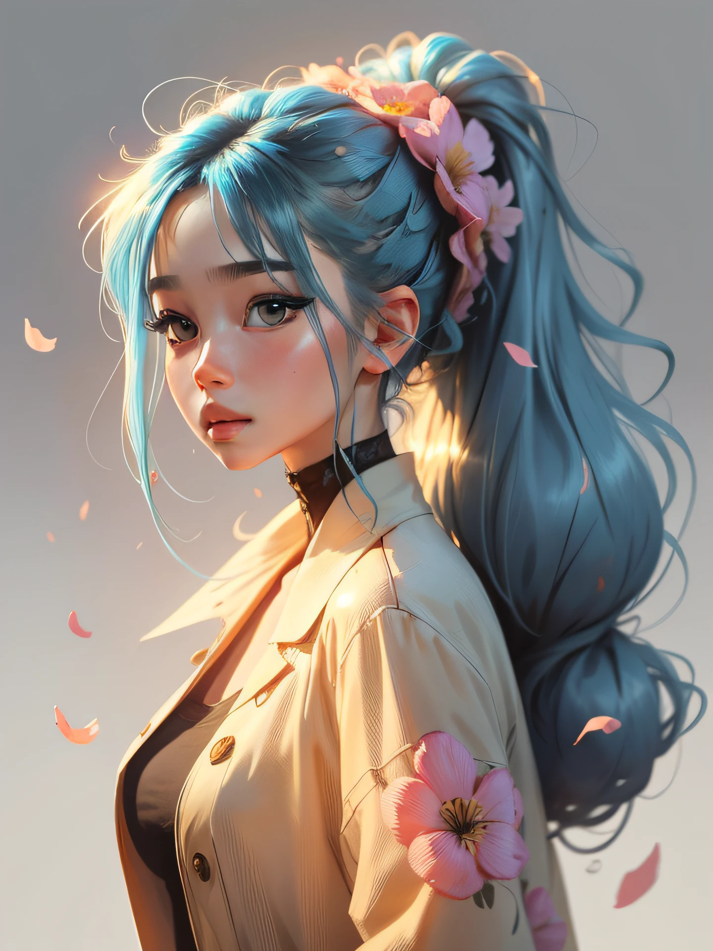 (masterpiece), (best quality), (ultra detailed),(disheveled hair),(illustration), (1girl), (Fashionable clothing), standing, Fashion model, looking at viewer, (interview), (simple background),beautiful detailed eyes, delicate beautiful face, Floating,(high saturation),(colorful splashes),colorful bubble,(shining), focus on face, ponytail, kamisato ayaka, light blue hair, bangs, hair ring, floating flowers, floating hairs, (shining), best lighting, best shadow,