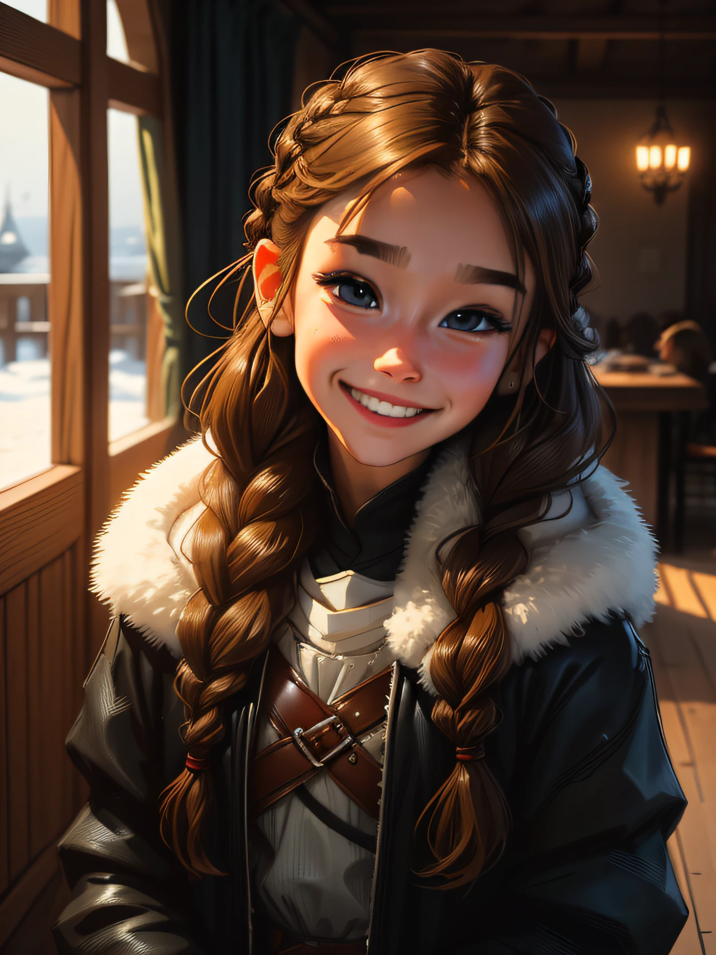 1girl, solo, teen girl, small chest, petite, standing, head tilt, medieval winter clothes, light brown hair, brown hair, braided hair, very covered clothes, very long hair, tied hair, hair braid, blue eyes, leather clothes, winter clothes, closeup, medieval, face only, dark europe, dark illumination, indoors, in house, medieval, depth of field, fog, blurry, smile, nervous smile, sweat, arms behind back, masterpiece, sketch, sketch lines, chromatic aberration, beautiful, anime, artstyle,