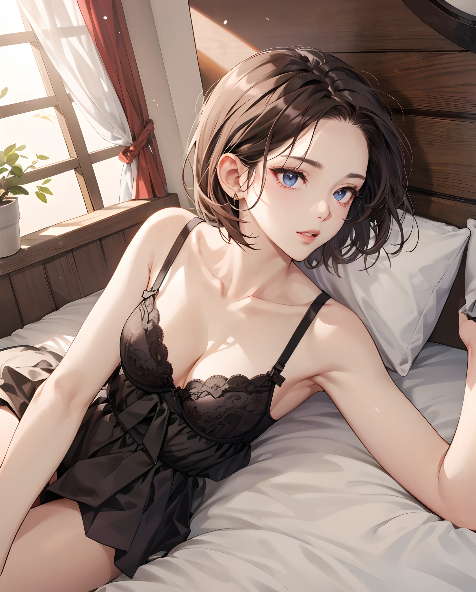 ((Best Quality, 8K, masutepiece :1.3)), 1girl in, sideshot :1.2, Slender beautiful Burmese woman, Super Detailed Face, Detailed eyes, Double eyelids, Whole body, ((of the highest quality, 8K, masutepiece: 1.3)), Beauty, 1 Japan Girl, Big: 1.3, slender, dark brown short hair, (Lying in bed, Open legs: 1.2), hyperdetailed face, very detailed lips, Detailed eyes, Double eyelids, Bra Red, upward-eyed