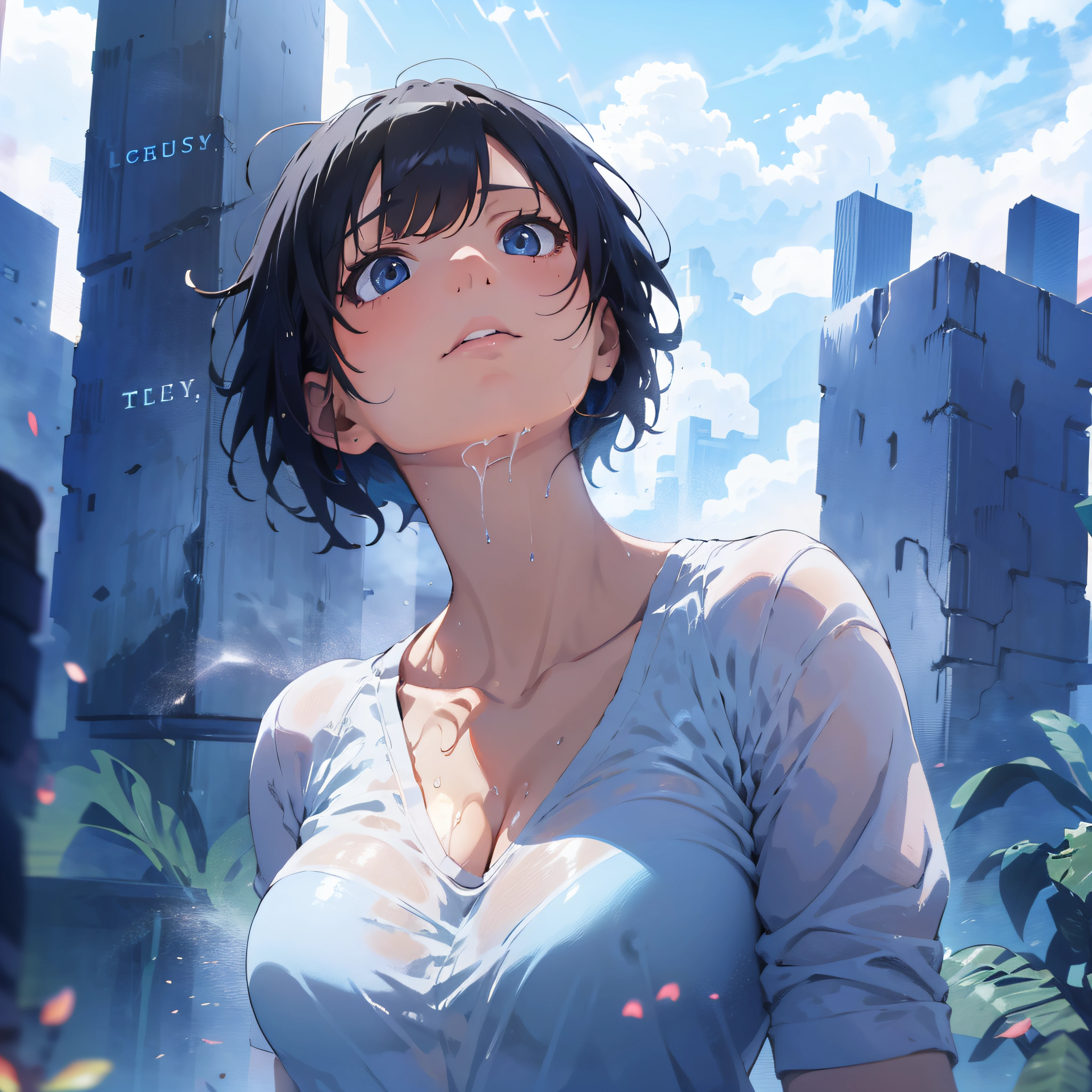 Woman dressed in white shirt, thoughtful look with very short black hair, light ray, beauty, hot, panties, sexy, wet, lying in the tower city, amazing light, straddle, blue sky, city skapes, futures.