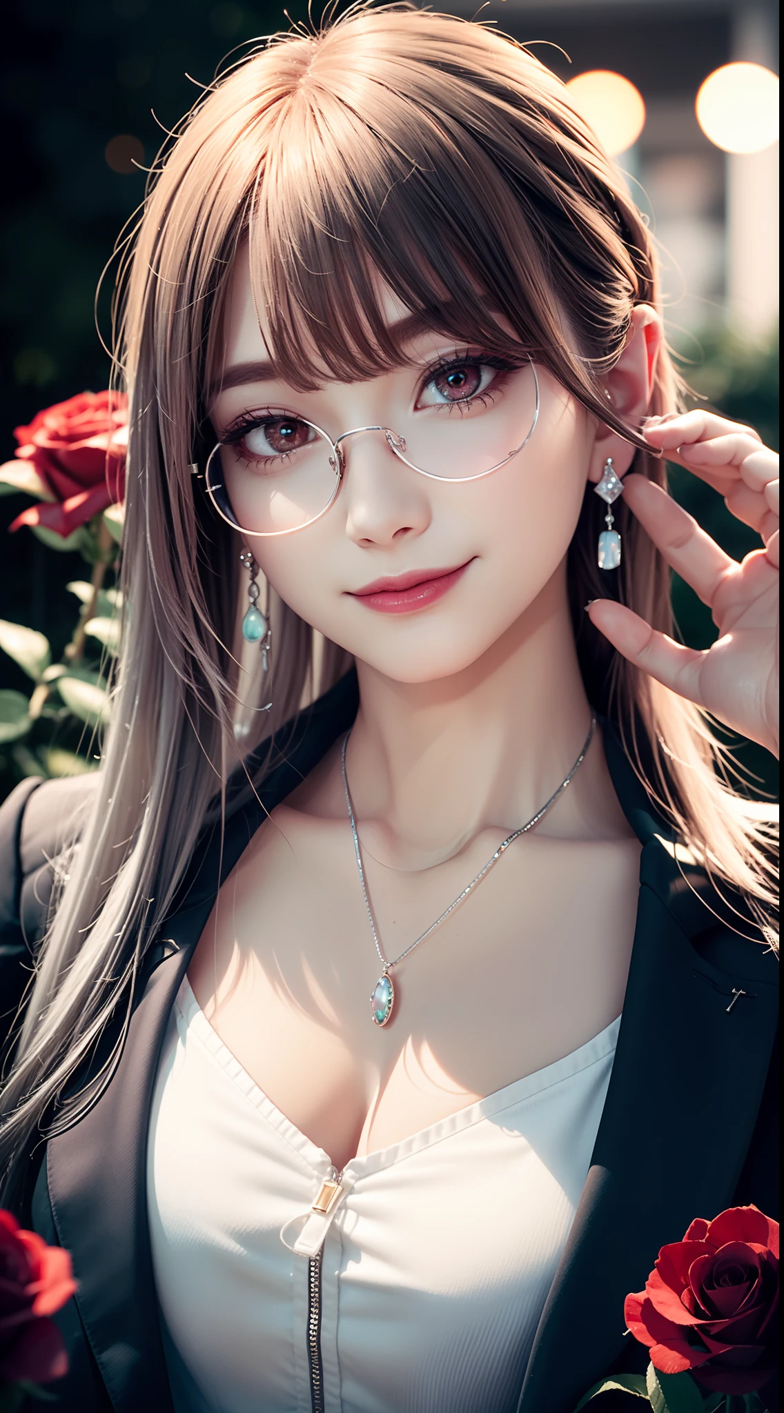 Garden covered with red roses in the background, Silver hair, front ponytail, eyes reflection, red contact lenses, Pink eyes,Heterochromia, Wear earrings, Blue crystal pendant,Evil smile, Glasses on the head,High detail, romanticism lain, Depth of field, Sparkle, Ray tracing, viewfinder, zoom layer, Close-up, Bokeh, Anatomically correct, High details, 1080p, hyper HD