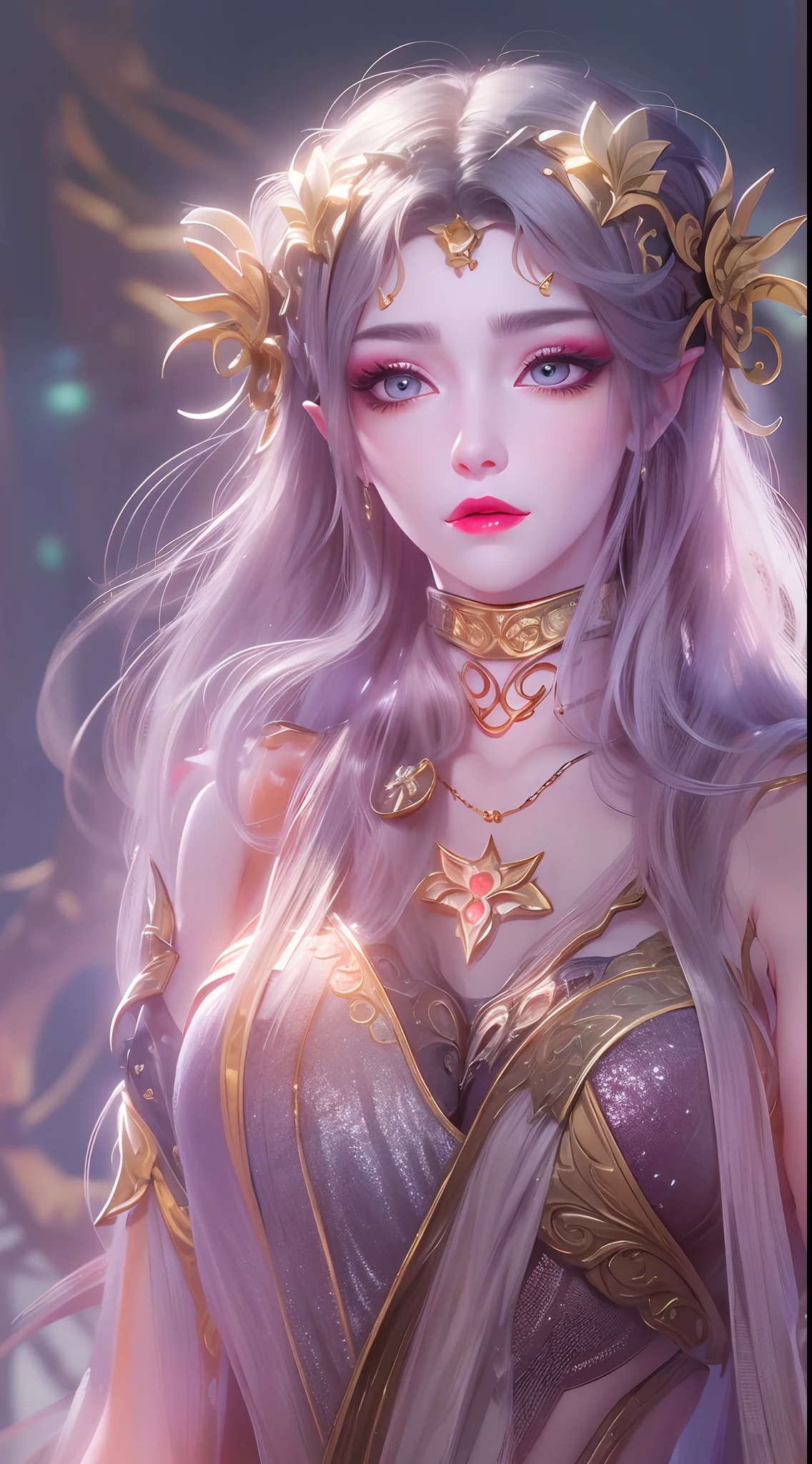 1 20 year old girl, 1 goddess Athena, pink purple silk dress, beautiful goddess Athena face without blemishes, delicate yellow nightgown, long thin sequin nightgown with many sexy black lace details, 1 beautiful thin red silk cloth half veil, female saint legend, female saint icon, beautiful goddess style glitter, dark and mysterious version, vermilion lips, plump red lips, not smiling, mouth closed, delicate and beautiful pino detailing, delicate and beautiful lip detail, , (pure and flawless face: 1.9), female saint body, round chest, big and round breasts, phoenix brooch, long flat bangs, (black long hair: 1.9), flower stickers tattoo on forehead, beautiful clear face and well-proportioned eyes, (light purple eyes: 1.8), (big round eyes and makeup, sexy wet eye makeup, very beautiful and meticulous hair makeup, long and delicate blonde hair, delicate, body image: 1.8), figure: and vivid, (stars that make up the sky: 1.7), (the sky of heaven and the fictitious gate of time and space: 1.8), fictional art, RAW photos, hanfu photos, best photos, high resolution, best quality, best photos, best goddess quality, 8k female, super 8 single saint portraits, truest color schemes, masterpieces, best beauty brands, best hair jewelry, brand real photo, dark studio, border light, two-tone lighting, (rose white skin: 1.4), (high skin detail: 1.1), 8k uhd, d slr, soft light, 8k, high quality, candid, volume Smooth and sharp, 10x pixel increase, sexy goddess, sexy goddess, (background space: 1.8), (most beautiful aurora eyes: 1.7), beautiful eyes, aurora beautiful and flowery, (beautiful single girl: 1.8), (more details:0.8),