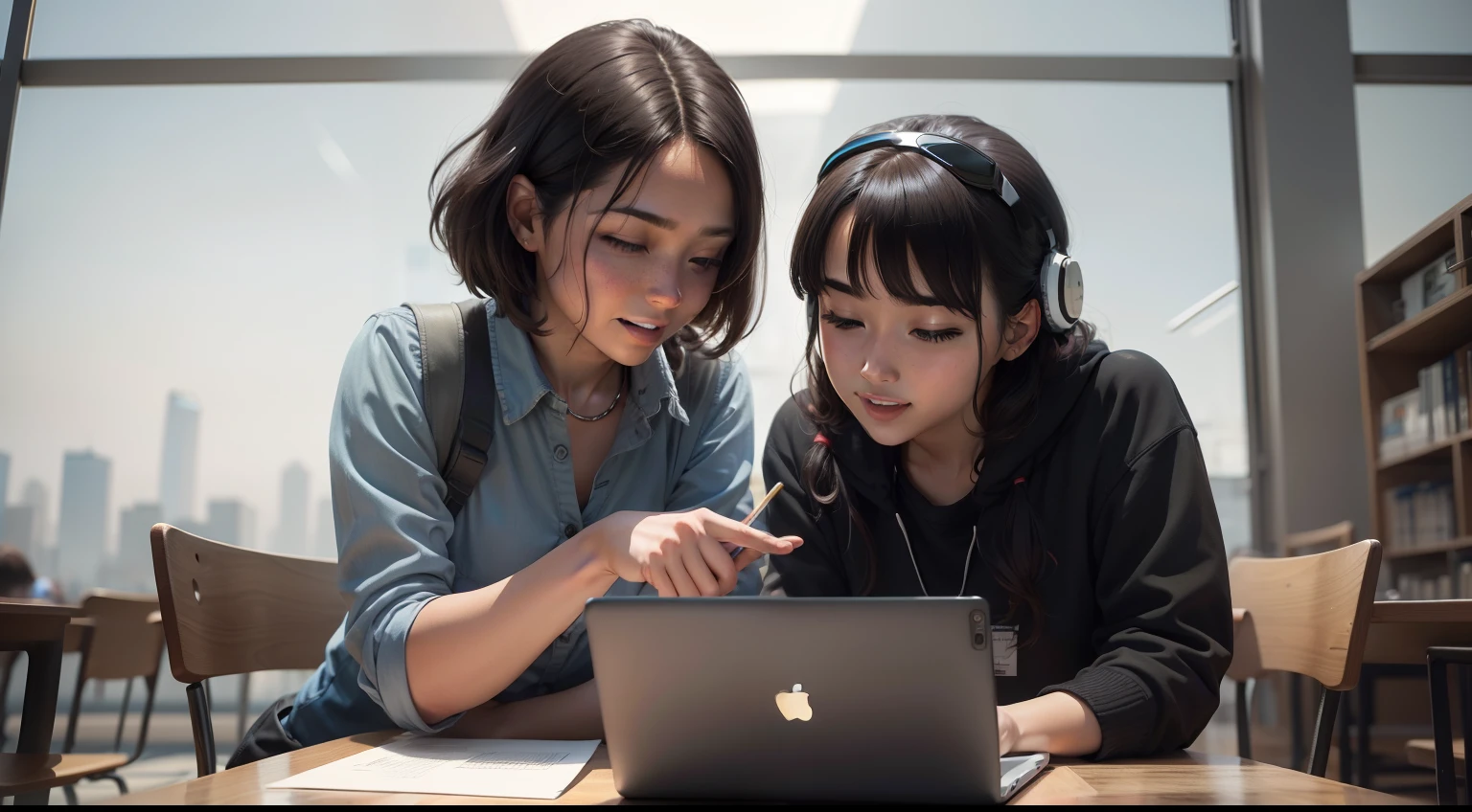 Depict people learning, working, and enjoying life with the aid of AI, in a 16:9 aspect ratio.