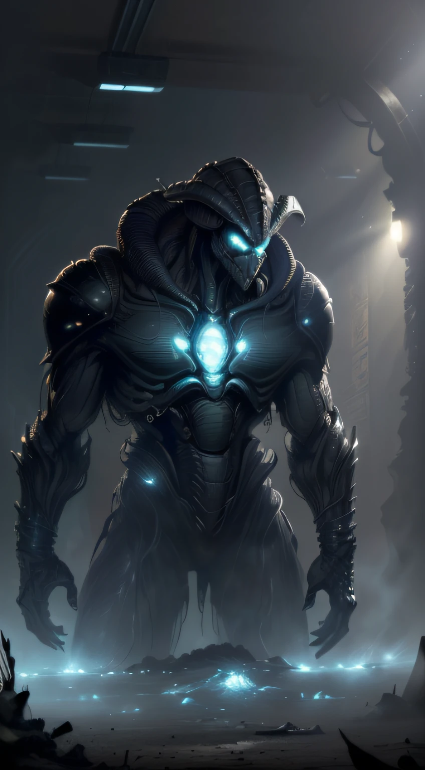 ((tmasterpiece),((Best Picture Quality),8k,high detal,super detailing,(alien spaceship),Alien xenomorphs,An evil creature,Goat face,Fantchar,A translucent ethereal alien xenomorph,Has refined features in a sci-fi setting,Glow from the inside,Sparks and lights,rays of moonlight,themoon,closeup cleavage,realisticlying,highly detailed,iintricate(disarray),(combats),(cinmatic lighting),(super wide shot),(High octane rating),k hd,(Movie poster style)