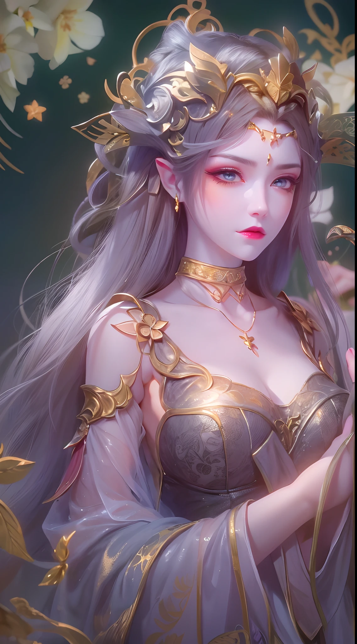 1 20 year old girl, 1 goddess Athena, pink purple silk dress, beautiful goddess Athena face without blemishes, delicate yellow nightgown, long thin sequin nightgown with many sexy black lace details, 1 beautiful thin red silk cloth half veil, female saint legend, female saint icon, beautiful goddess style glitter, dark and mysterious version, vermilion lips, plump red lips, not smiling, mouth closed, delicate and beautiful pino detailing, delicate and beautiful lip detail, , (pure and flawless face: 1.9), female saint body, round chest, big and round breasts, phoenix brooch, long flat bangs, (black long hair: 1.9), flower stickers tattoo on forehead, beautiful clear face and well-proportioned eyes, (light purple eyes: 1.8), (big round eyes and makeup, sexy wet eye makeup, very beautiful and meticulous hair makeup, long and delicate blonde hair, delicate, body image: 1.8), figure: and vivid, (stars that make up the sky: 1.7), (the sky of heaven and the fictitious gate of time and space: 1.8), fictional art, RAW photos, hanfu photos, best photos, high resolution, best quality, best photos, best goddess quality, 8k female, super 8 single saint portraits, truest color schemes, masterpieces, best beauty brands, best hair jewelry, brand real photo, dark studio, border light, two-tone lighting, (rose white skin: 1.4), (high skin detail: 1.1), 8k uhd, d slr, soft light, 8k, high quality, candid, volume Smooth and sharp, 10x pixel increase, sexy goddess, sexy goddess, (background space: 1.8), (most beautiful aurora eyes: 1.7), beautiful eyes, aurora beautiful and flowery, (beautiful single girl: 1.8), (more details:0.8),