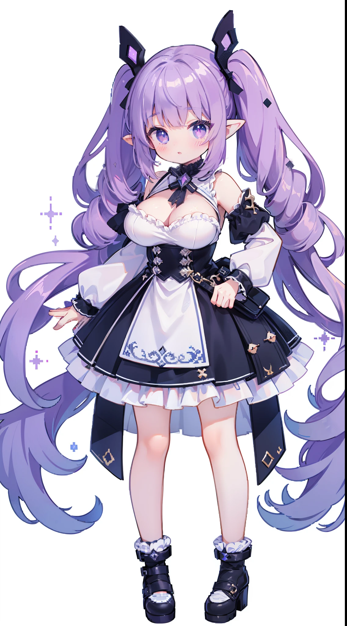 (((pixel art))),(((masterpiece))), (((best quality))), (((white background))), in dungeon,((solo)), ((1girl)),(full body),atmospheric perspective,from above,dynamic angle, (((gacha game SSR character))), ((standing mini base)),(magical drowing effects),(floating sparkle babble),wind lift,(pale particles),magical effects,
(gorilla:0.4),(pointy ears:1.2),(beautiful detailed two-tone eyes),(large breasts:1.2),(kawaii face),(teenage),purple hair,twin drills,impossible dress,
beautiful detailed glow,