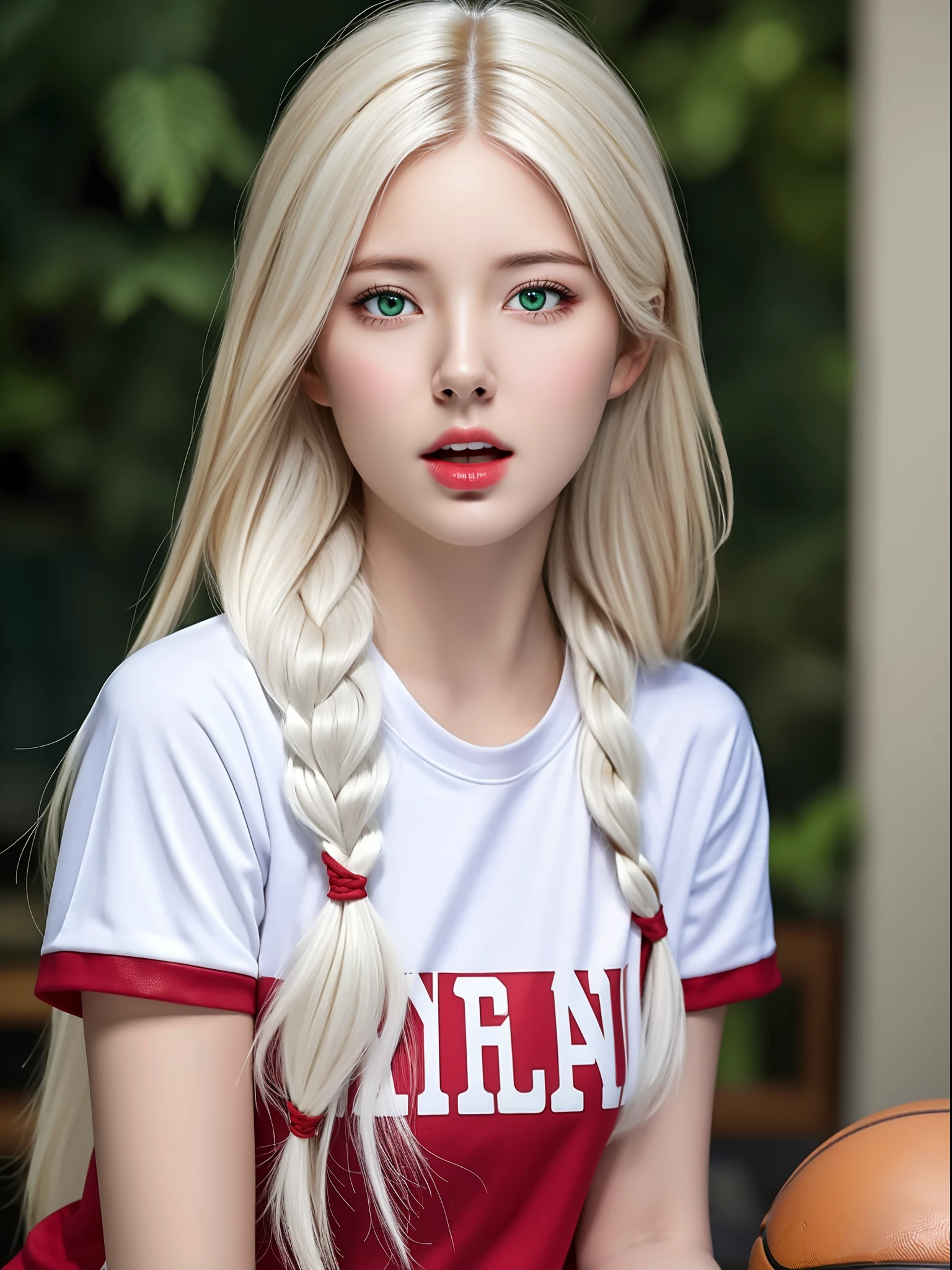 (hyperrealistic), (illustration), (high resolution), (8K), (extremely detailed), (best illustration), (beautiful detailed eyes), (best quality), (ultra-detailed), (masterpiece), (wallpaper), (photorealistic), (natural light), (rim lighting), (detailed face), high detailed realistic skin texture, anatomically correct, solo, 1 girl, (high detailed realistic long hair), (white hair:1.35), (two braided hair), heterochromic eyes, (detailed green eyes), small moles under the eyes, (realistic big breasts:1.25), plump breasts, exposed breasts, long legs, tight abs, dynamic pose, (closed mouth:1.35), (red basketball shirt:1.2), (upon body from head to thighs:1.3),