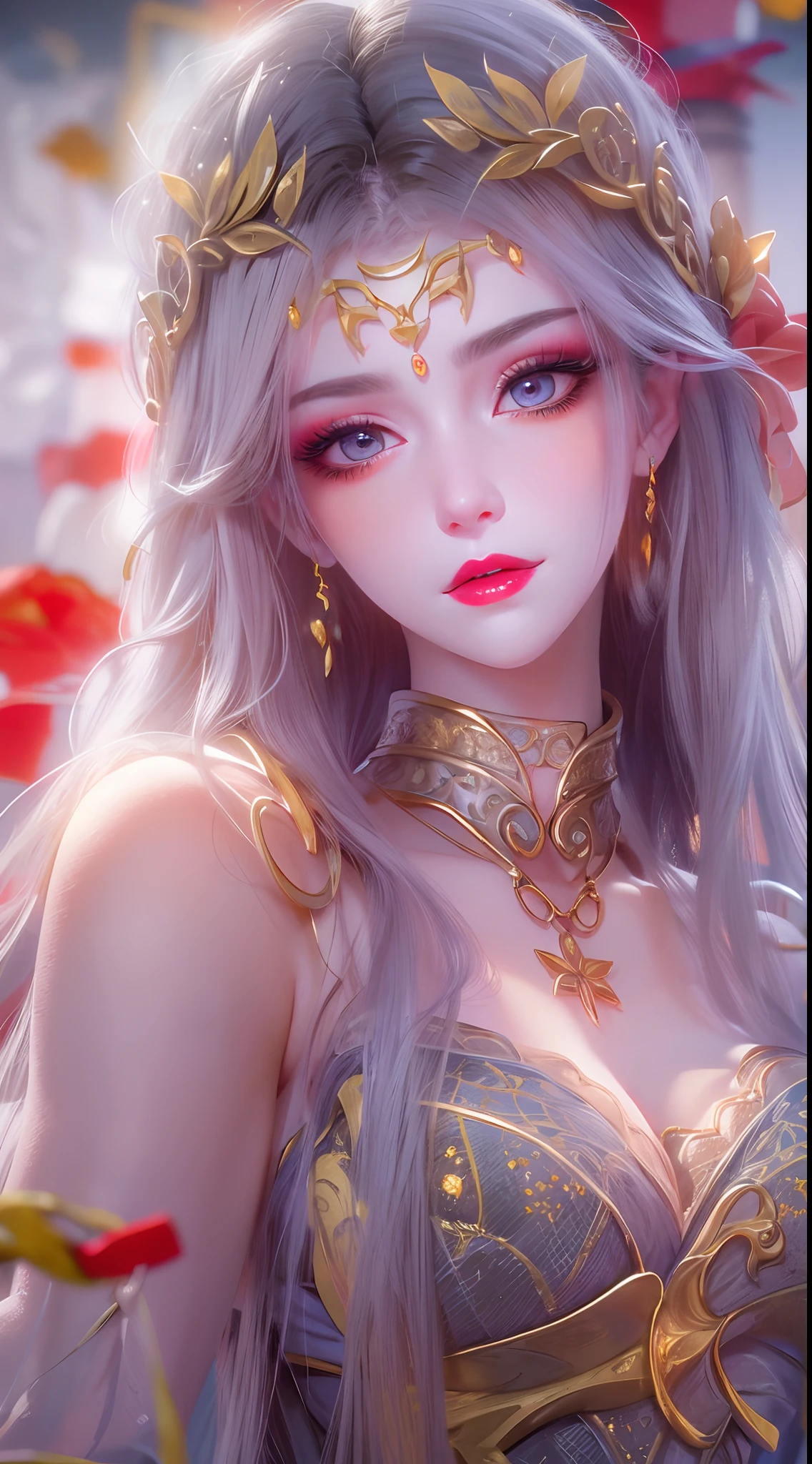 1 20 year old girl, 1 goddess Athena, pink purple silk dress, beautiful goddess Athena face without blemishes, delicate yellow nightgown, long thin sequin nightgown with many sexy black lace details, 1 beautiful thin red silk cloth half veil, female saint legend, female saint icon, beautiful goddess style glitter, dark and mysterious version, vermilion lips, plump red lips, not smiling, mouth closed, delicate and beautiful pino detailing, delicate and beautiful lip detail, , (pure and flawless face: 1.9), female saint body, round chest, big and round breasts, phoenix brooch, long flat bangs, (black long hair: 1.9), flower stickers tattoo on forehead, beautiful clear face and well-proportioned eyes, (light purple eyes: 1.8), (big round eyes and makeup, sexy wet eye makeup, very beautiful and meticulous hair makeup, long and delicate blonde hair, delicate, body image: 1.8), figure: and vivid, (stars that make up the sky: 1.7), (the sky of heaven and the fictitious gate of time and space: 1.8), fictional art, RAW photos, hanfu photos, best photos, high resolution, best quality, best photos, best goddess quality, 8k female, super 8 single saint portraits, truest color schemes, masterpieces, best beauty brands, best hair jewelry, brand real photo, dark studio, border light, two-tone lighting, (rose white skin: 1.4), (high skin detail: 1.1), 8k uhd, d slr, soft light, 8k, high quality, candid, volume Smooth and sharp, 10x pixel increase, sexy goddess, sexy goddess, (background space: 1.8), (most beautiful aurora eyes: 1.7), beautiful eyes, aurora beautiful and flowery, (beautiful single girl: 1.8), (more details:0.8),