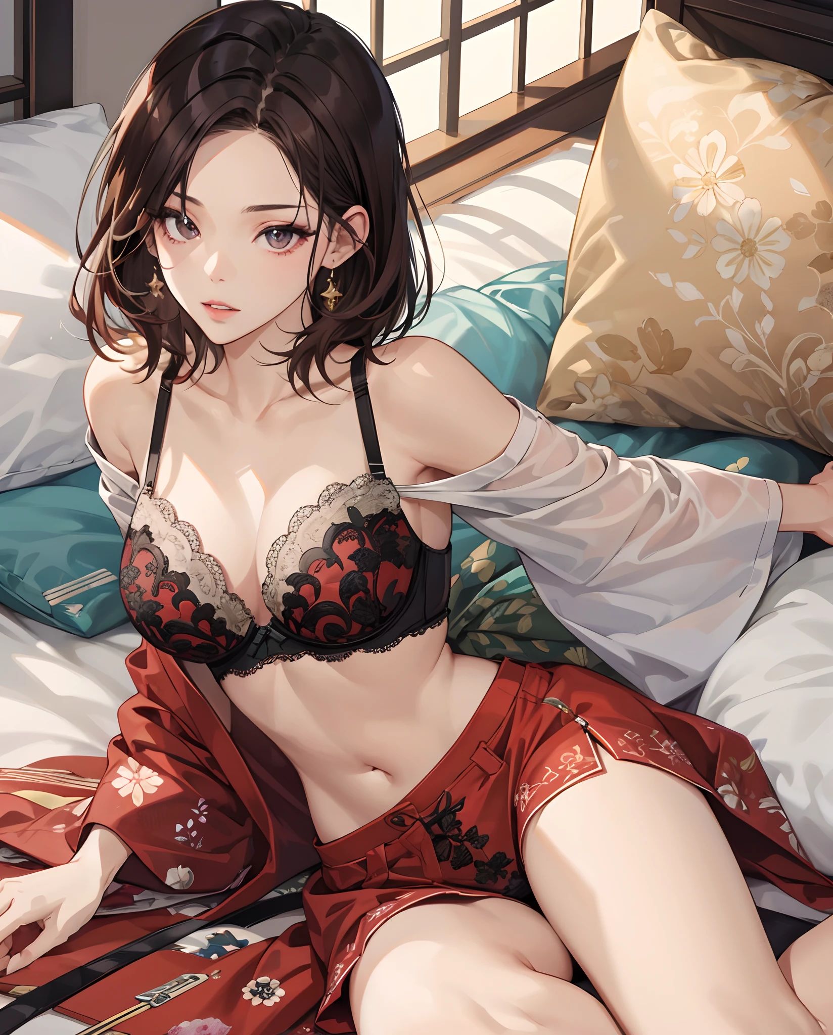 ((Best Quality, 8K, masutepiece :1.3)), 1girl in, sideshot :1.2, Slender beautiful Burmese woman, Super Detailed Face, Detailed eyes, Double eyelids, Whole body, ((of the highest quality, 8K, masutepiece: 1.3)), Beauty, 1 Japan Girl, Big: 1.3, slender, dark brown short hair, (Lying in bed, Open legs: 1.2), hyperdetailed face, very detailed lips, Detailed eyes, Double eyelids, Bra Red, upward-eyed
