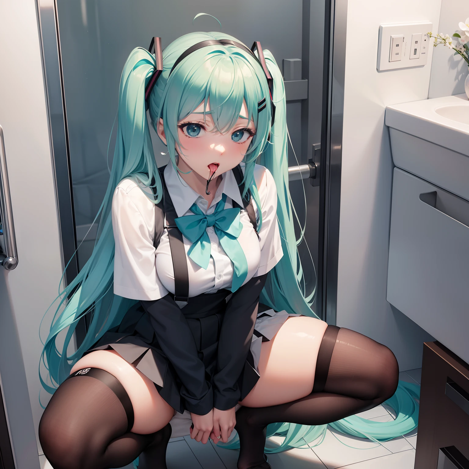 Hatsune Miku wears,JK school uniform,over knee socks,Suspender silk underwear,Gang-raped by fat men as meat toilets in toilets,The thighs are full of sexual words, There are a lot of -filled condoms on the thighs,Sexual fluid flowing out of the oaked panties,Oral sex while squatting on the ground,There are a lot of penises around waiting for creampie