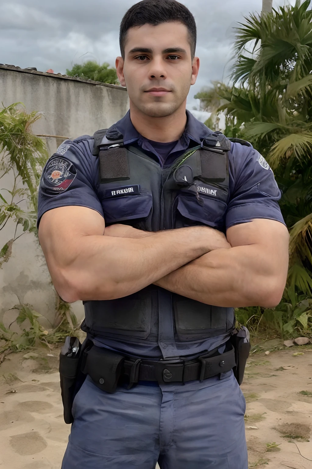 Um jovem policial brasileiro, folded arms