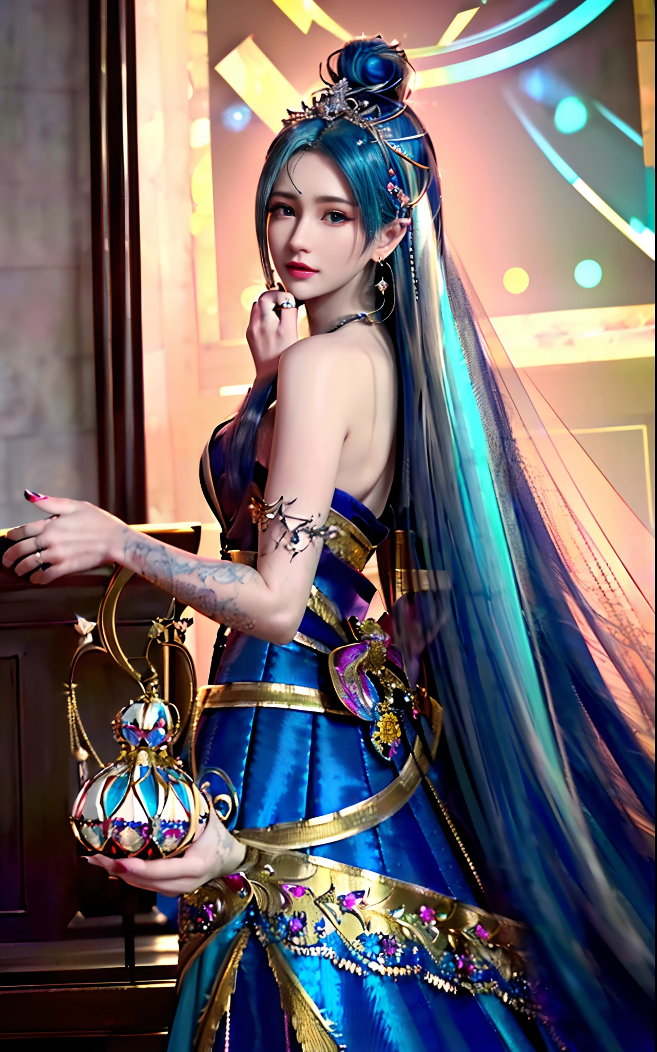 ((realisticity: 1.2)), ((realistic: 8K UHD)), ((best resolution: 8K UHD)), hyper detailed, best quality,masterpiece,highres,cg, ((1 girl hyper detailed and hyper realistic) ) , ((beautiful queen, hyper realistic and hyper detailed)),((white skin, beautiful, smooth, youthful, hyper realistic and hyper detailed )), ((Face hyper beautiful, white, hyper realistic and hyper detailed ) ), long hair, ((hyper realistic and hyper detailed dress)), solo, ((hyper realistic, hyper beautiful, beautiful and hyper detailed jewelry)), ((hyper beautiful deep red and golden yellow dress, hyper realistic and hyper detailed )) , ((Her pretty, hyper realistic, hyper detailed diamond filled earrings)), ((Her gorgeous diamond haircut, hyper realistic and hyper detailed)), ((hyper pretty upper body, hyper beautiful, hyper realistic and hyper detailed) ), ((medium breast: 1.1)), ((hyper realistic, hyper pretty, hyper detailed boobs)), ((the backgroun of the royal palace is hyper majestic, hyper realistic and hyper detailed)),((hands and palms hyper beautiful, hyper detailed, hyper realistic)), ((hyper detailed and hyper realistic fingers and fingernails)), ((hyper pretty fingernails, hyper vivid, hyper detailed, hyper realistic)), ((thumb, index finger, middle finger, ring finger, little finger hyper vivid, hyper pretty, hyper detailed, hyper realistic)),
((hyper beautiful fingers, hyper detailed, and hyper realistic)), ((posture not too fat and not too thin, hyper realistic, hyper detail)), ((hyper pretty, hyper pretty, hyper realistic and hyper detailed hair bun)), ((hyper pretty , hyper realistic and hyper detailed blue hair)), candid, Photo, high resolution, 8k , bokeh,