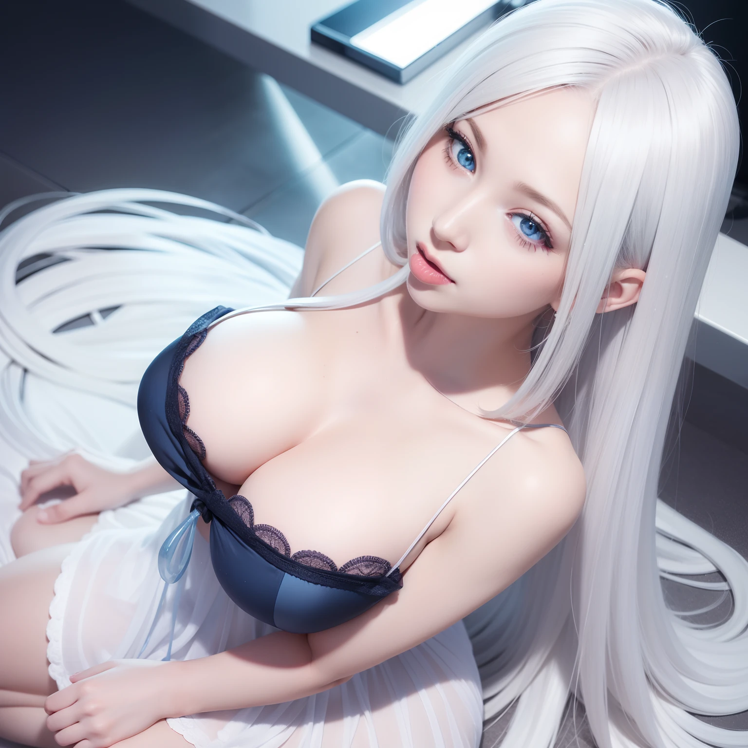 face focus, from above, face up, (long tongue out and mouth open), clear liquid around mouth, sit astride, straddling, wariza, yokozuwari, super high image, super detail, super high resolution, anime, manga, illustration, intelligent beauty, laugh like a prankster, happy, shy, white glossy wavy flowing layered messy short hair, blue big sparkling eyes, red alluring moist lips, lace doll dress, make up, ecstatic expression, amorous expression, seductive look, large breasts, under boob, side boob, great proportion, perfect proportion, slender, full body, armpit