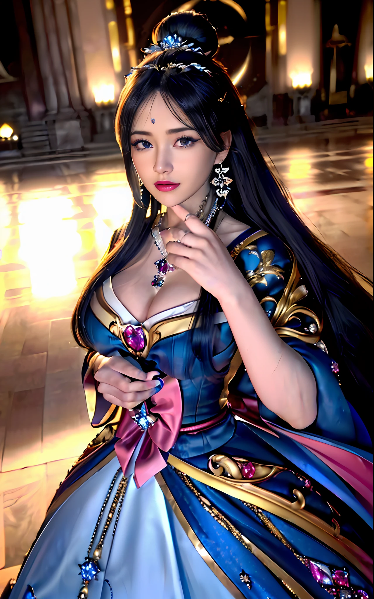 ((realisticity: 1.2)), ((realistic: 8K UHD)), ((best resolution: 8K UHD)), hyper detailed, best quality,masterpiece,highres,cg, ((1 girl hyper detailed and hyper realistic) ) , ((beautiful queen, hyper realistic and hyper detailed)),((white skin, beautiful, smooth, youthful, hyper realistic and hyper detailed )), ((Face hyper beautiful, white, hyper realistic and hyper detailed ) ), long hair, ((hyper realistic and hyper detailed dress)), solo, ((hyper realistic, hyper beautiful, beautiful and hyper detailed jewelry)), ((hyper beautiful deep red and golden yellow dress, hyper realistic and hyper detailed )) , ((Her pretty, hyper realistic, hyper detailed diamond filled earrings)), ((Her gorgeous diamond haircut, hyper realistic and hyper detailed)), ((hyper pretty upper body, hyper beautiful, hyper realistic and hyper detailed) ), ((medium breast: 1.1)), ((hyper realistic, hyper pretty, hyper detailed boobs)), ((the backgroun of the royal palace is hyper majestic, hyper realistic and hyper detailed)),((hands and palms hyper beautiful, hyper detailed, hyper realistic)), ((hyper detailed and hyper realistic fingers and fingernails)), ((hyper pretty fingernails, hyper vivid, hyper detailed, hyper realistic)), ((thumb, index finger, middle finger, ring finger, little finger hyper vivid, hyper pretty, hyper detailed, hyper realistic)),
((hyper beautiful fingers, hyper detailed, and hyper realistic)), ((posture not too fat and not too thin, hyper realistic, hyper detail)), ((hyper pretty, hyper pretty, hyper realistic and hyper detailed hair bun)), ((hyper pretty , hyper realistic and hyper detailed blue hair)), candid, Photo, high resolution, 8k , bokeh,
