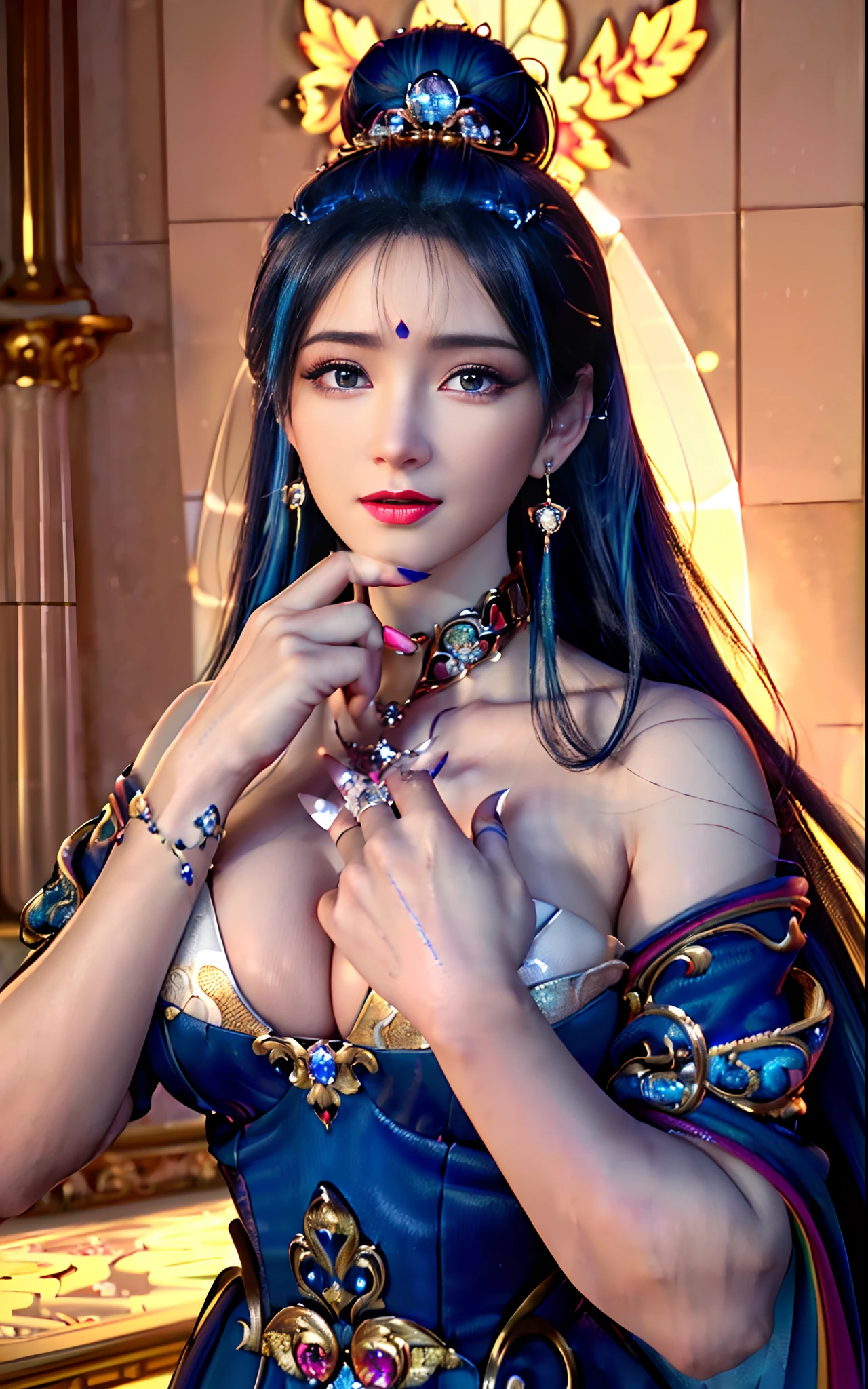 ((realisticity: 1.2)), ((realistic: 8K UHD)), ((best resolution: 8K UHD)), hyper detailed, best quality,masterpiece,highres,cg, ((1 girl hyper detailed and hyper realistic) ) , ((beautiful queen, hyper realistic and hyper detailed)),((white skin, beautiful, smooth, youthful, hyper realistic and hyper detailed )), ((Face hyper beautiful, white, hyper realistic and hyper detailed ) ), long hair, ((hyper realistic and hyper detailed dress)), solo, ((hyper realistic, hyper beautiful, beautiful and hyper detailed jewelry)), ((hyper beautiful deep red and golden yellow dress, hyper realistic and hyper detailed )) , ((Her pretty, hyper realistic, hyper detailed diamond filled earrings)), ((Her gorgeous diamond haircut, hyper realistic and hyper detailed)), ((hyper pretty upper body, hyper beautiful, hyper realistic and hyper detailed) ), ((medium breast: 1.1)), ((hyper realistic, hyper pretty, hyper detailed boobs)), ((the backgroun of the royal palace is hyper majestic, hyper realistic and hyper detailed)),((hands and palms hyper beautiful, hyper detailed, hyper realistic)), ((hyper detailed and hyper realistic fingers and fingernails)), ((hyper pretty fingernails, hyper vivid, hyper detailed, hyper realistic)), ((thumb, index finger, middle finger, ring finger, little finger hyper vivid, hyper pretty, hyper detailed, hyper realistic)),
((hyper beautiful fingers, hyper detailed, and hyper realistic)), ((posture not too fat and not too thin, hyper realistic, hyper detail)), ((hyper pretty, hyper pretty, hyper realistic and hyper detailed hair bun)), ((hyper pretty , hyper realistic and hyper detailed blue hair)), candid, Photo, high resolution, 8k , bokeh,