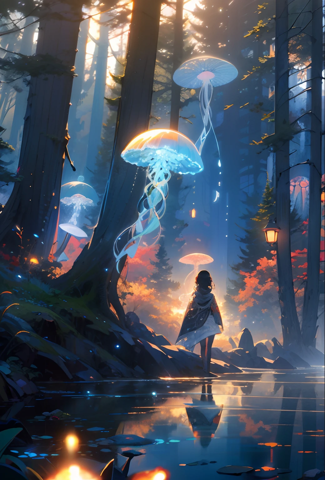 jellyfishforest, 1girl, mushroom, dress, long hair, scenery, white dress, solo, nature, water, wading, outdoors, tree, standing, black hair, fantasy, forest