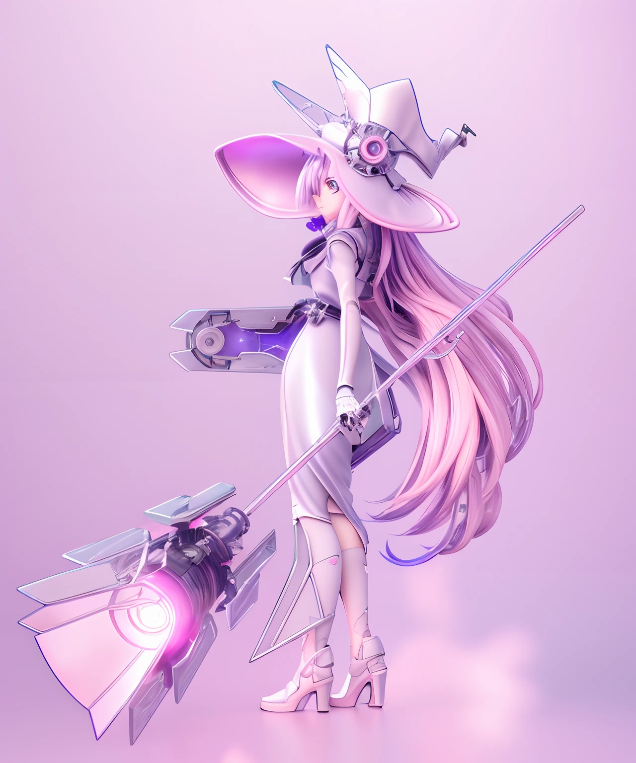 Anime mechanical witch close-up, Cute anime mechanical witch, Anime style. 8K, Beautiful anime mechanical witch, Very beautiful anime mechanical witch, anime styled 3d, Realistic anime 3 D style, made with anime painter studio, Stylized anime, Anime girl with light pink-purple hair, Anime girl with gradient hair, ,Anime Mechanical Witch, A cold 3D anime girl rendering，closeup of face，Delicate face，pastel pink，lilac colors