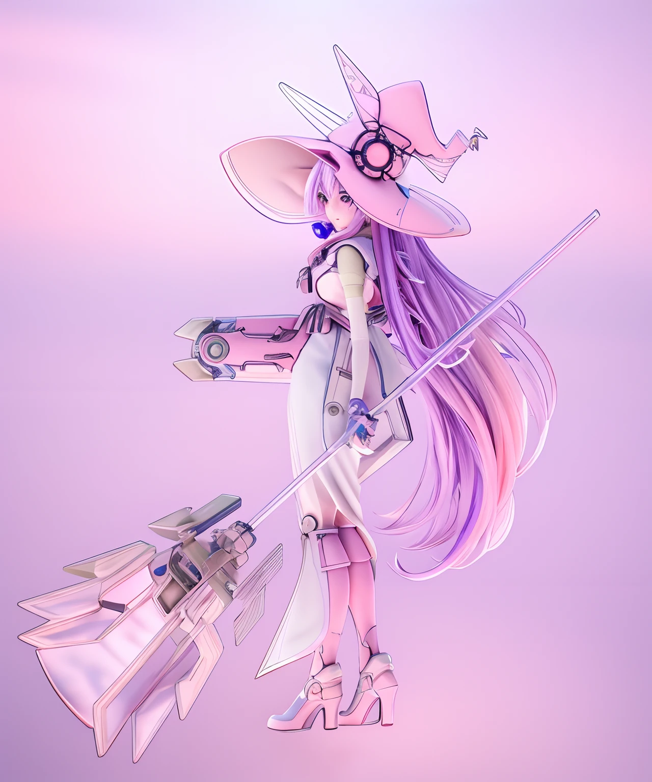 Anime mechanical witch close-up, Cute anime mechanical witch, Anime style. 8K, Beautiful anime mechanical witch, Very beautiful anime mechanical witch, anime styled 3d, Realistic anime 3 D style, made with anime painter studio, Stylized anime, Anime girl with light pink-purple hair, Anime girl with gradient hair, ,Anime Mechanical Witch, A cold 3D anime girl rendering，closeup of face，Delicate face，pastel pink，lilac colors