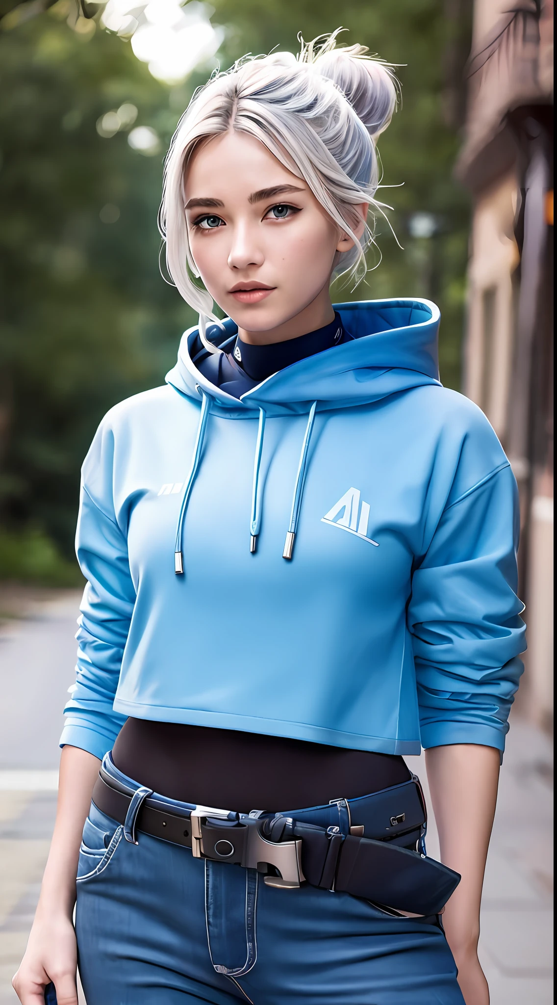 1girl, jett (valorant), cosplay, valorant, blue hoodie, white pants, blue eyes, thin lips, silver hair, gloves, solo, upper body, outdoors, noon, streets, sunshine, standing, beautiful face, (cowboy shot), 8k, hdr, ultra highres, masterpiece,(realistic), highly detailed CG unified 8K wallpapers, (HQ skin:1.2),8k uhd, dslr, high quality, beautiful skin, attractive, ultra-high resolution, ultra-realistic, high-definition, close-up, dynamic pose, looking at viewer,