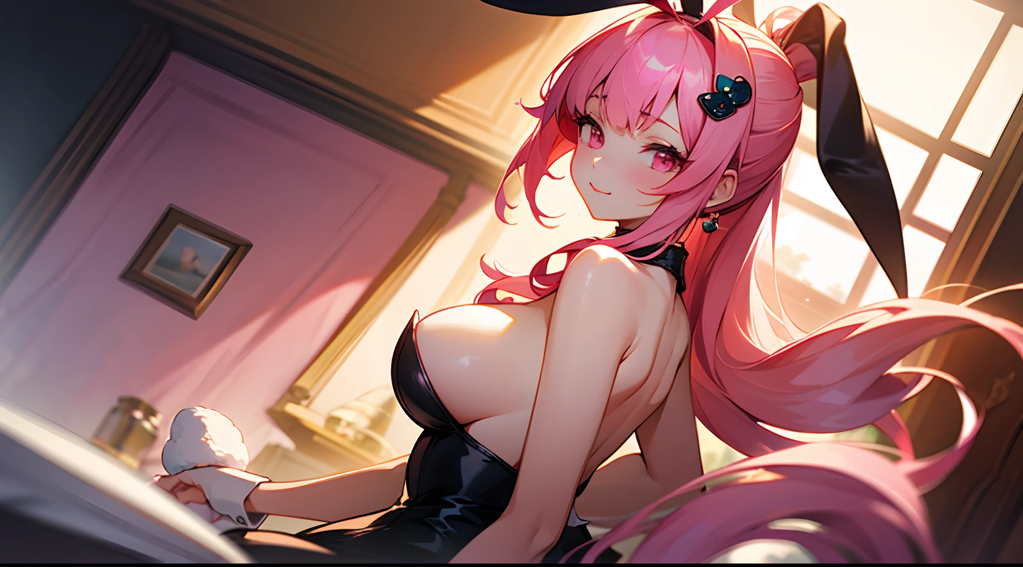 1 girl, game CG, pasties playboy bunny, rabbit ear hair ornament, rabbit tail accessory, gigantic breasts, pink hair, long hair, ponytail, princess hairstyle, ahoge, pink eyes, indoors, pov,