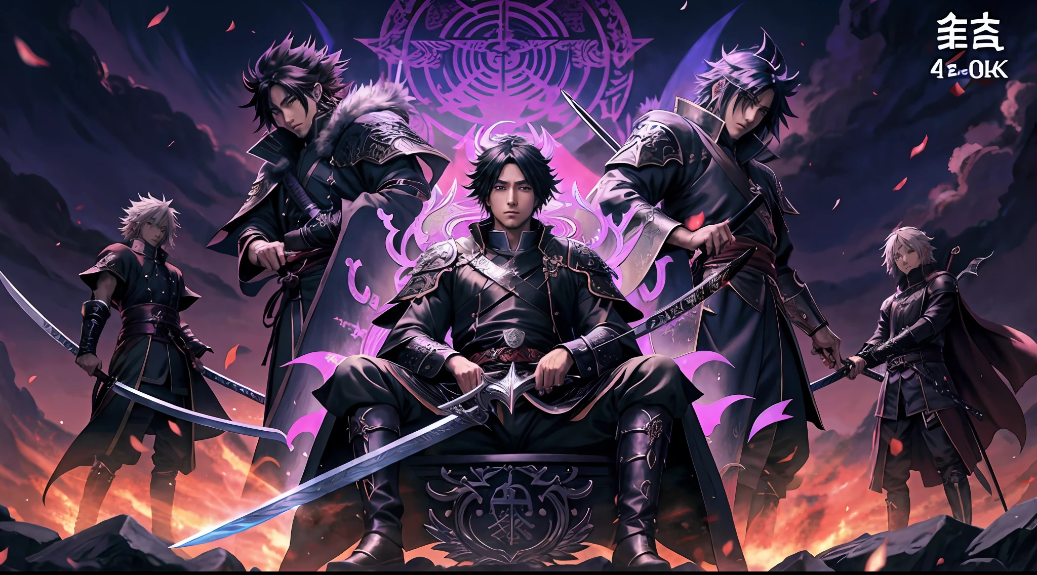 a man sitting on a throne with two swords in front of him, badass anime 8 k, anime epic artwork, 4 k manga wallpaper, anime style 4 k, 4k anime wallpaper, handsome guy in demon slayer art, anime art wallpaper 4 k, anime art wallpaper 4k, anime wallpaper 4 k, anime wallpaper 4k, demon slayer artstyle, demon attacking him
