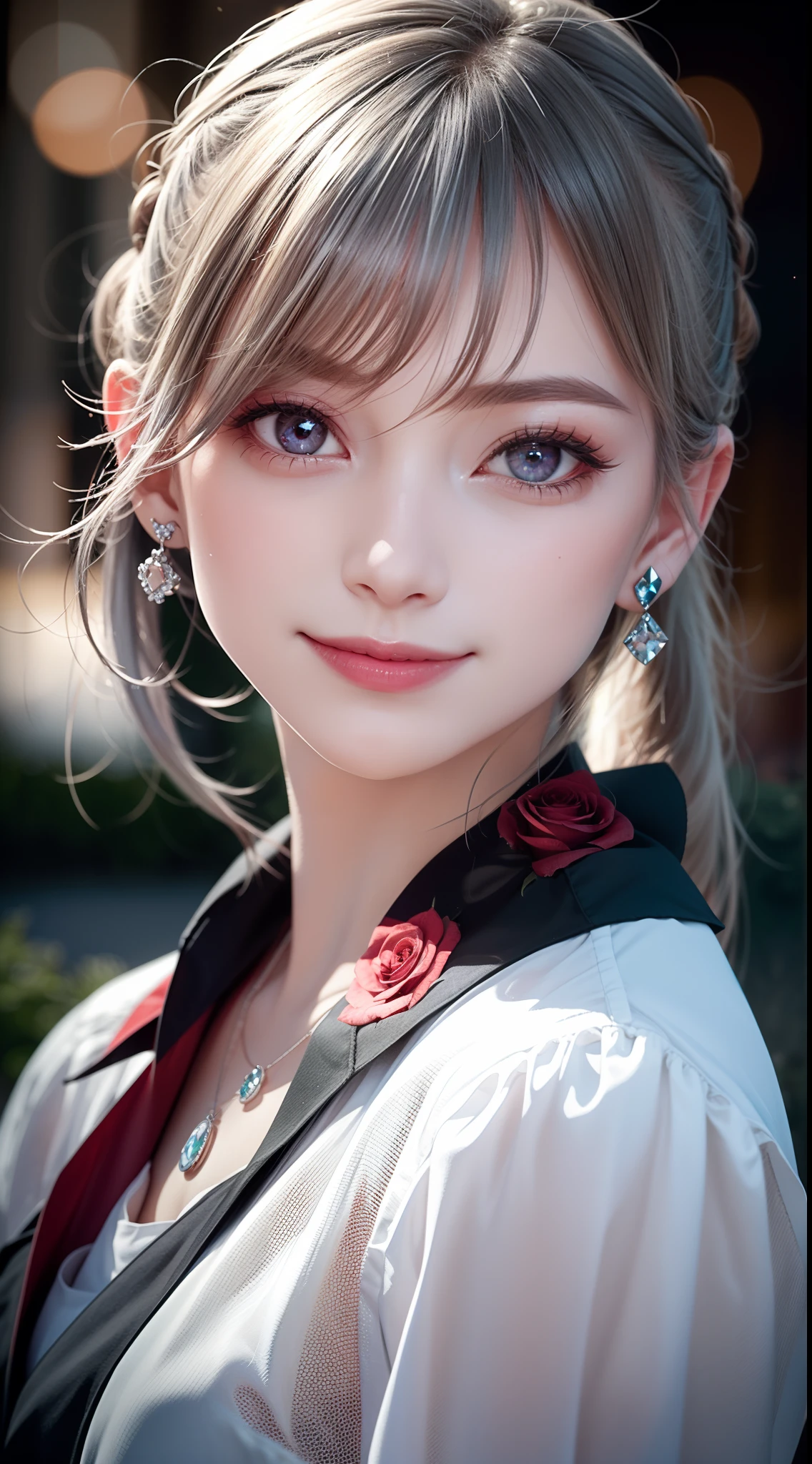 Garden covered with red roses in the background, Silver hair, front ponytail, eyes reflection, red contact lenses, Pink eyes,Heterochromia， Wear earrings, Blue crystal pendant，Evil smile, High detail, romanticism lain, Depth of field, Sparkle, Ray tracing, viewfinder, zoom layer, Close-up, Bokeh, Anatomically correct, High details, 1080p, hyper HD