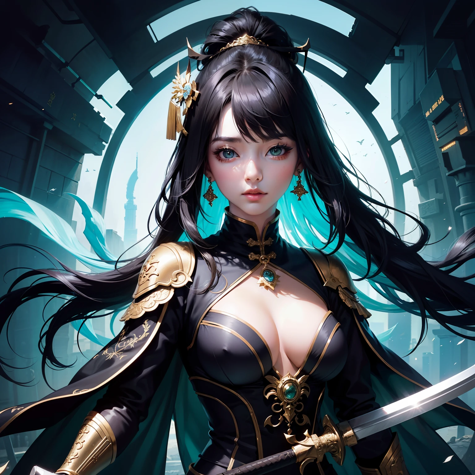 8k wallpaper、ultra-detailliert、Beautifully Aesthetic、masterpiece、top-quality、(Fractal Art:1.3)、One girl、ighly detailed、Dynamic angles、The most beautiful forms chaos、elegent、Brutalist design、Vibrant colors、romantism、Double big eyes、long lashes、Green eyes、Darker makeup、Well-formed face、Background black、Black costume、chineseidol、For combat uniforms、holding a long sword、Historical figures、Woman Too Beautiful、depiction(Depiction from obliquely above、delicate detail、Upper Body Up)