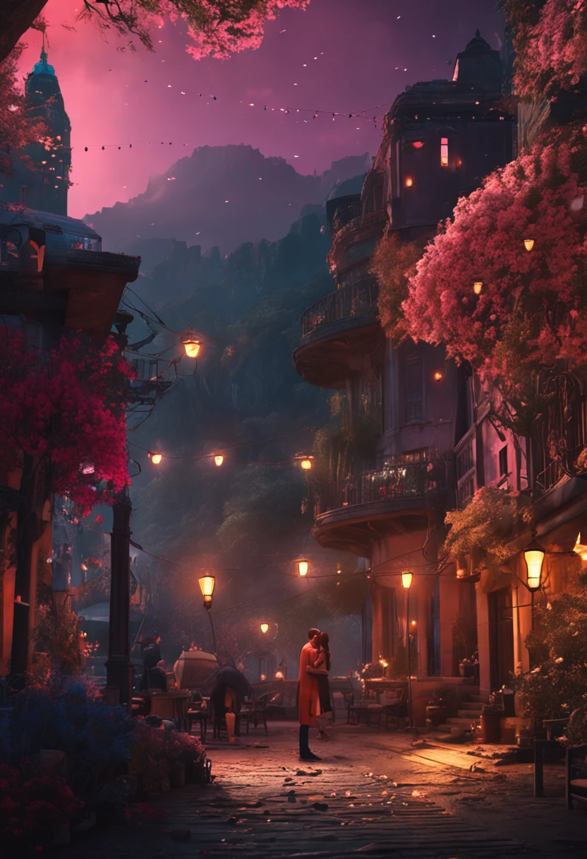 In the moonlit garden,A young man and woman clinging to each other,The street creates a quiet and romantic atmosphere,Warm colors masterpiece, best qualtiy, ultra - detailed, illustratio, 8k resolution concept art, Fantasyart, epic art, concept art wallpaper 4k, deep colour, natural lightting