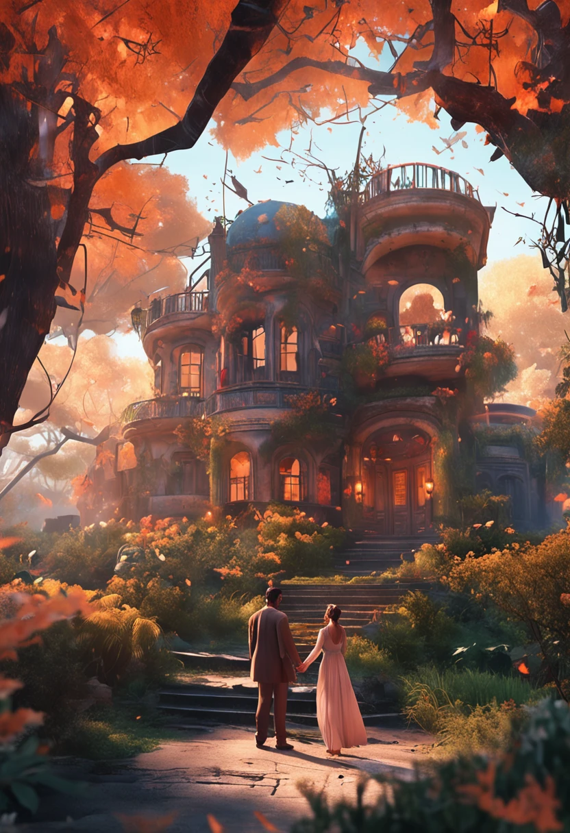 In the moonlit garden，A young man and woman clinging to each other，The street creates a quiet and romantic atmosphere，Warm colors masterpiece， best qualtiy， ultra - detailed， illustratio， 8k resolution concept art， Fantasyart， epic art， concept art wallpaper 4k， deep colour， natural  lightting