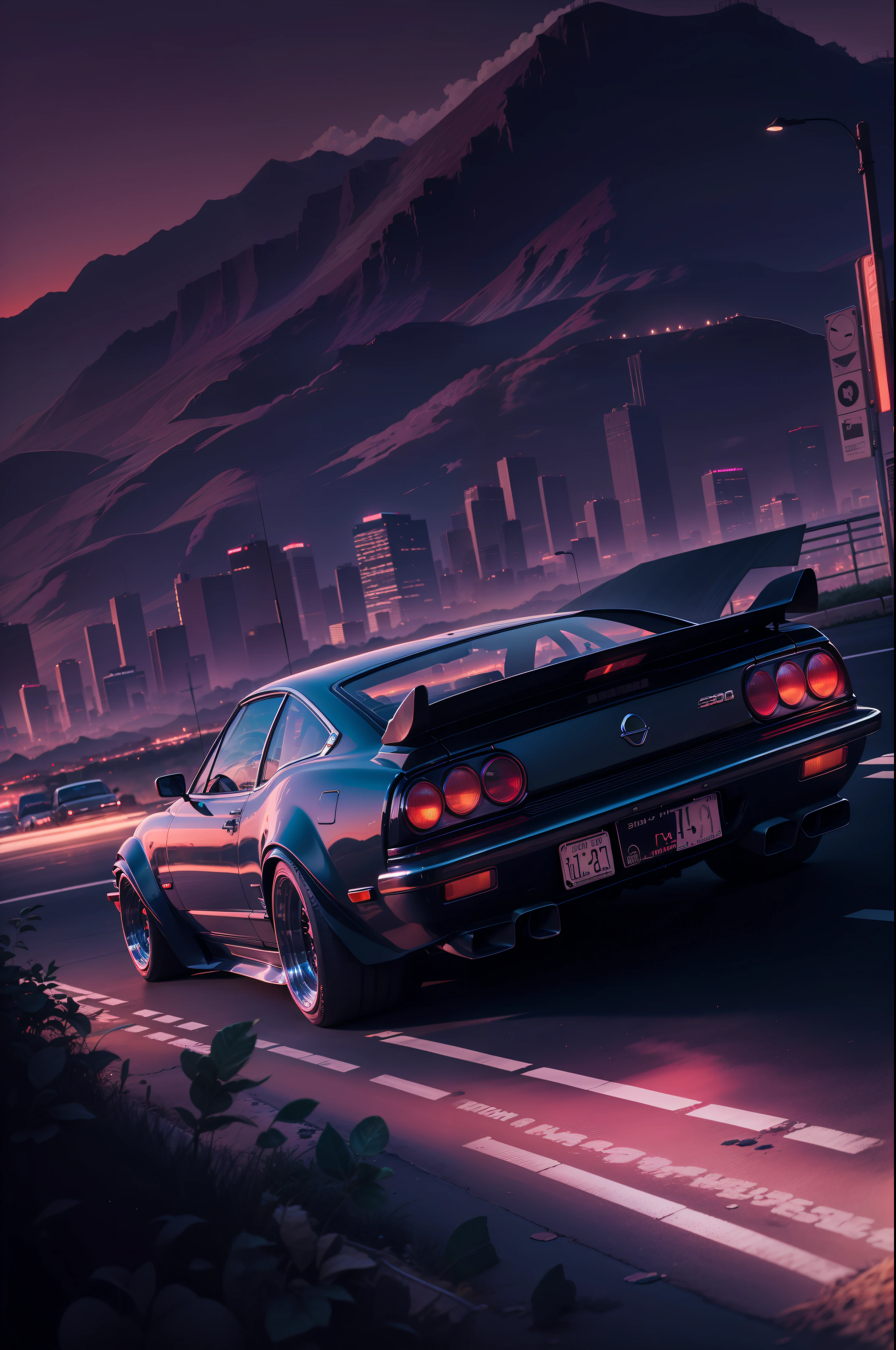 retrowave. city, 1969 Nissan S30, wide body kit, road, purple neon lights, sun, mountain, (masterpiece, detailed, highres),
