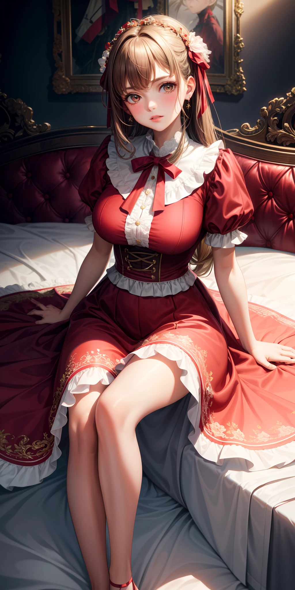 ((masterpiece)) Big Breasts, ((1 Female 25 years old European)), Ash Hair, alone, Brown eyes, Perfect Eyes, extremely Sexy Body, Sexy Body, red dress with frills, White ribbon and flower decoration, Beautiful dress, ribbon ruffle lace fabric, young, Edgy look, My cheeks are a little red, light makeup, Perfect Face, Part your lips, shy, bed, Sitting, European style bedroom