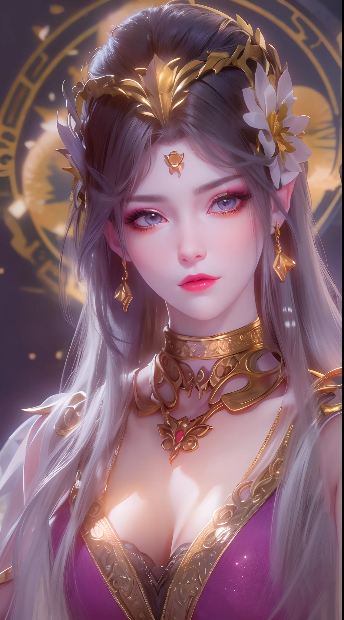 1 20 year old girl, 1 goddess Athena, pink purple silk dress, beautiful goddess Athena face without blemishes, delicate yellow nightgown, long thin sequin nightgown with many sexy black lace details, 1 beautiful thin red silk cloth half veil, female saint legend, female saint icon, beautiful goddess style glitter, dark and mysterious version, small proportioned goddess crown, vermilion lips, plump red lips, not smiling, mouth closed, delicate and beautiful pino detailing, delicate and beautiful lip detail, , (pure and flawless face: 1.9), female saint body, round chest, big and round breasts, phoenix brooch, long flat bangs, (7-color rainbow hair: 1.9), flower stickers tattoo on forehead, beautiful clear face and well-proportioned eyes, (transparent yellow eyes: 1.8), (big round eyes and makeup, sexy wet eye makeup, very beautiful and meticulous hair makeup, long and delicate blonde hair, delicate, body image: 1.8), figure: and vivid, (stars that make up the sky: 1.7), (the sky of heaven and the fictitious gate of time and space: 1.8), fictional art, RAW photos, hanfu photos, best photos, high resolution, best quality, best photos, best goddess quality, 8k female, super 8 single saint portraits, truest color schemes, masterpieces, best beauty brands, best hair jewelry, brand real photo, dark studio, border light, two-tone lighting, (rose white skin: 1.4), (high skin detail: 1.1), 8k uhd, d slr, soft light, 8k, high quality, candid, volume Smooth and sharp, 10x pixel increase, sexy goddess, sexy goddess, (background space: 1.8), (most beautiful aurora eyes: 1.7), beautiful eyes, aurora beautiful and flowery, (beautiful single girl: 1.8), (more details:0.8),