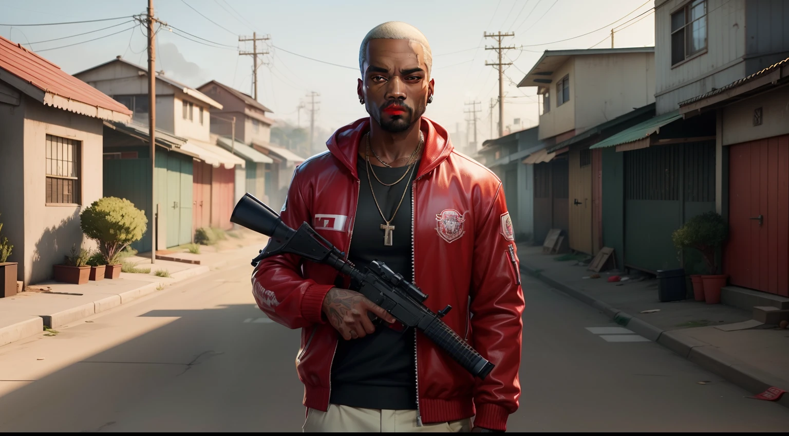 There's a man holding a gun on a wooden deck, gta personagem, Como o protagonista de GTA 5, GTA V Estilo, como um personagem de gtav, Kanye West em GTA v, drake em gta v, Estilo GTA5, gta v personagem, empunhando fuzil de assalto, Snoop Dogg em GTA V, gta 5 tom de pele, Jesse Pinkman em GTA v, jaqueta vermelha,AK-47 rifle, cenario de fundo uma favela estilo brasileira