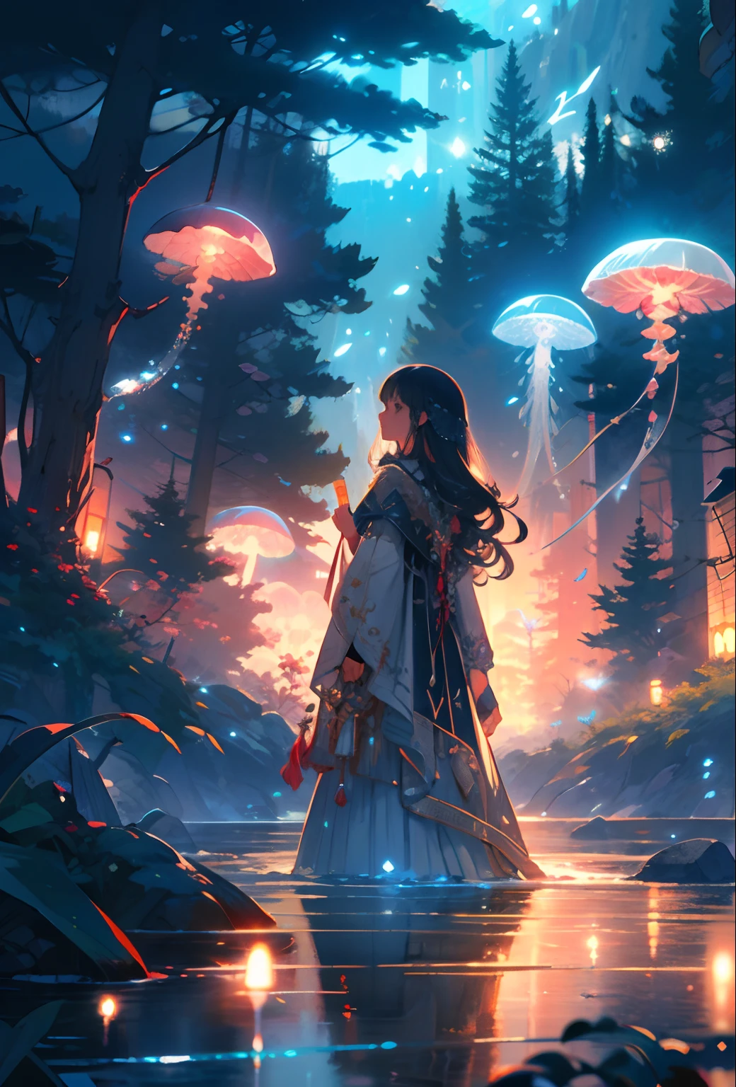 jellyfishforest, 1girl, mushroom, dress, long hair, scenery, white dress, solo, nature, water, wading, outdoors, tree, standing, black hair, fantasy, forest