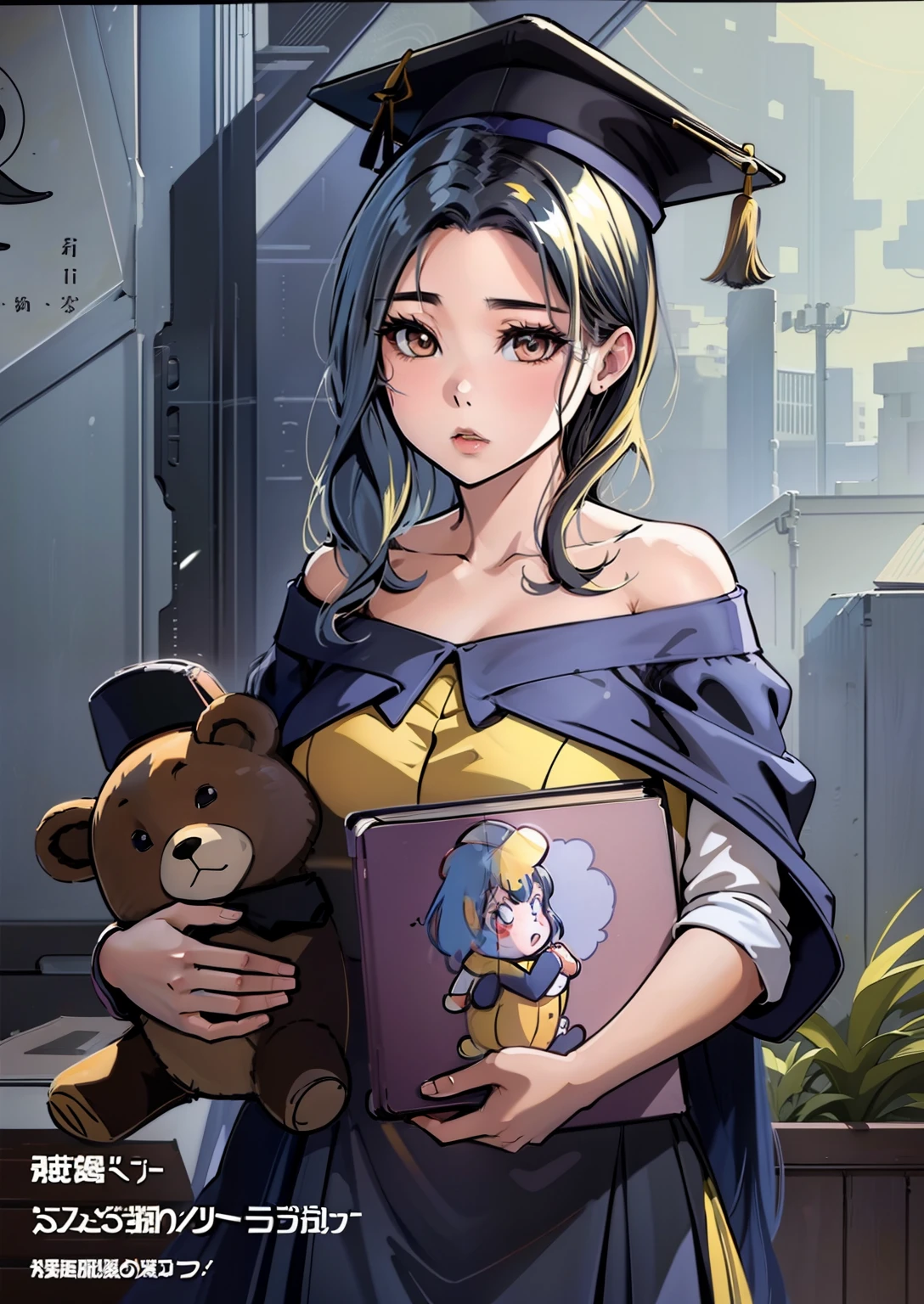 A young girl with graduated hat, wearing yellow orchic dress, black hair, holding brown deddy bear doll, holding a certified book, anime illustration, anime cartoon style, line art.
