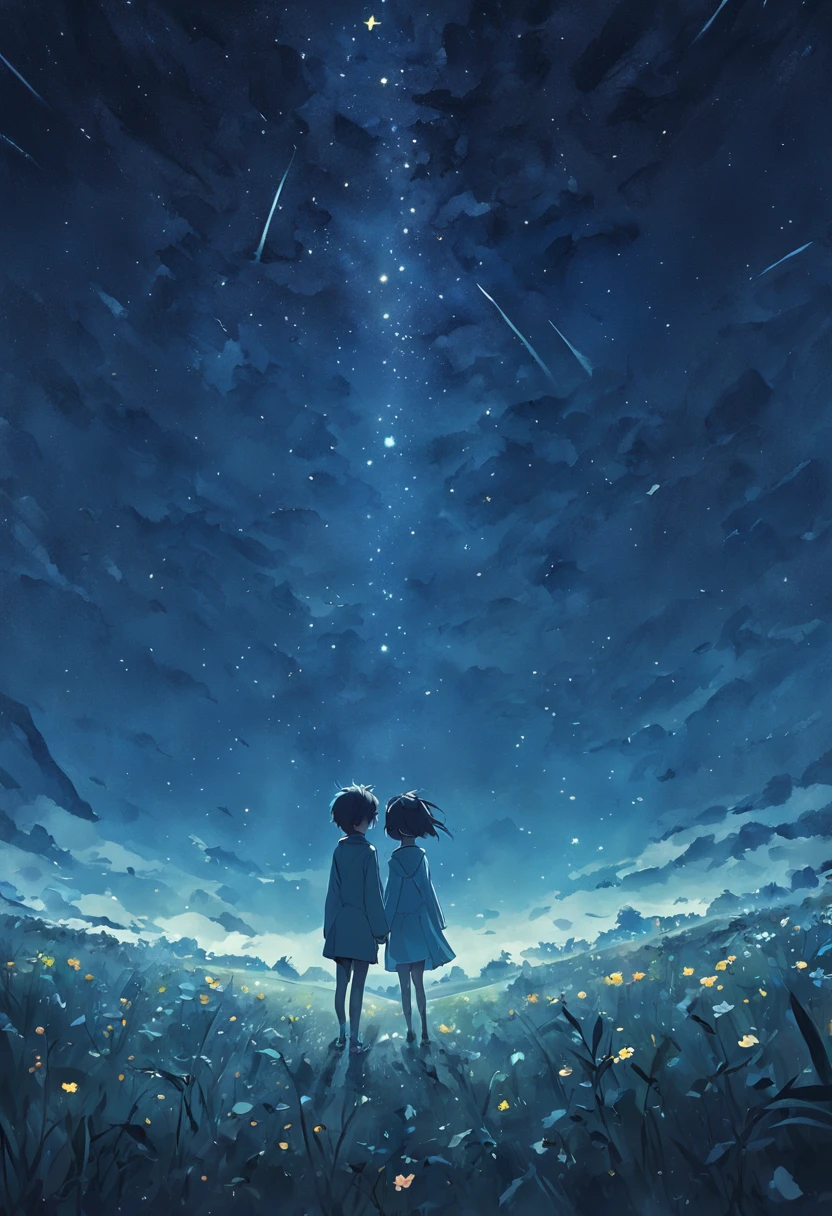 She and he lay face down in a field full of highland flowers,、Looking at the night sky.、Maybe it's because of the cold weather., Their breathing looks pale white.、A light source is a star in the night sky々Lighting only、She turned to him suddenly,face flushed、Meteors visible from the position of the head flow into the night sky.、The area was pitch black、In the darkness、masutepiece、hentail realism、Passionate kisses、highly detailed back ground,Realistic,ultra - detailed,Super detailed skin,light glow,filmgrain,Expro II,Lens flare,Sharpen,cinematic shadow