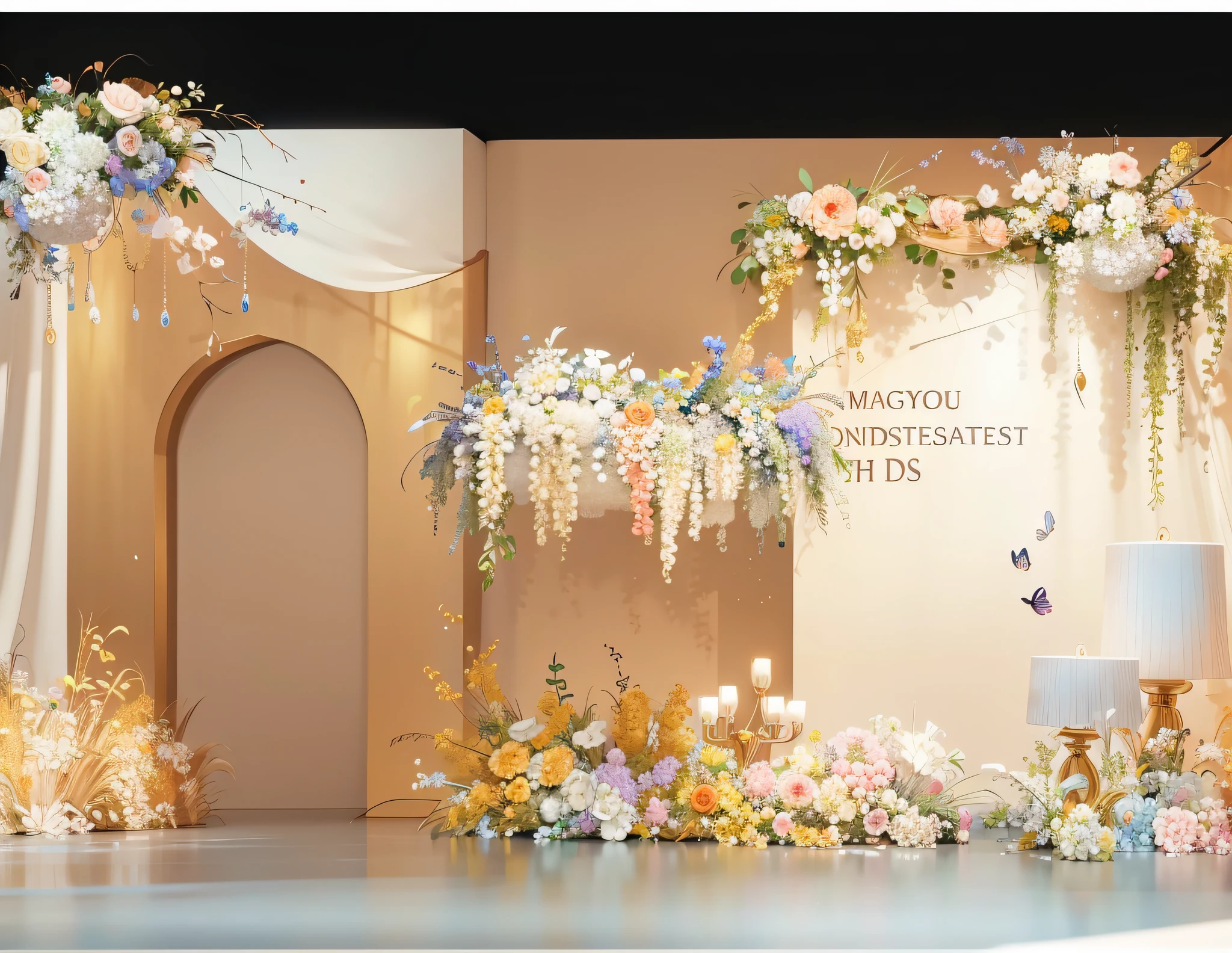 8K level quality,Ultra-clear,Golden,opulent,lamp lights,Wedding renderings,Interior design,3Drenderingof,hyper HD,Lots of small flowers,exquisite lighting and shadows,Detail portrayal,ultraclear,depth of fields, paying homage,Interior design, Ultra photo realsisim, RAW photogr, Sharp focus, Lots of colorful flowers,Wedding banquet hall,Wedding design,tmasterpiece, 8K, tmasterpiece,Ultra photo realsisim,32K,Very detailed CG unity 8K wallpaper,best qualtiy,exquisite lighting and shadows,Detail portrayal,Welcome area,small flower