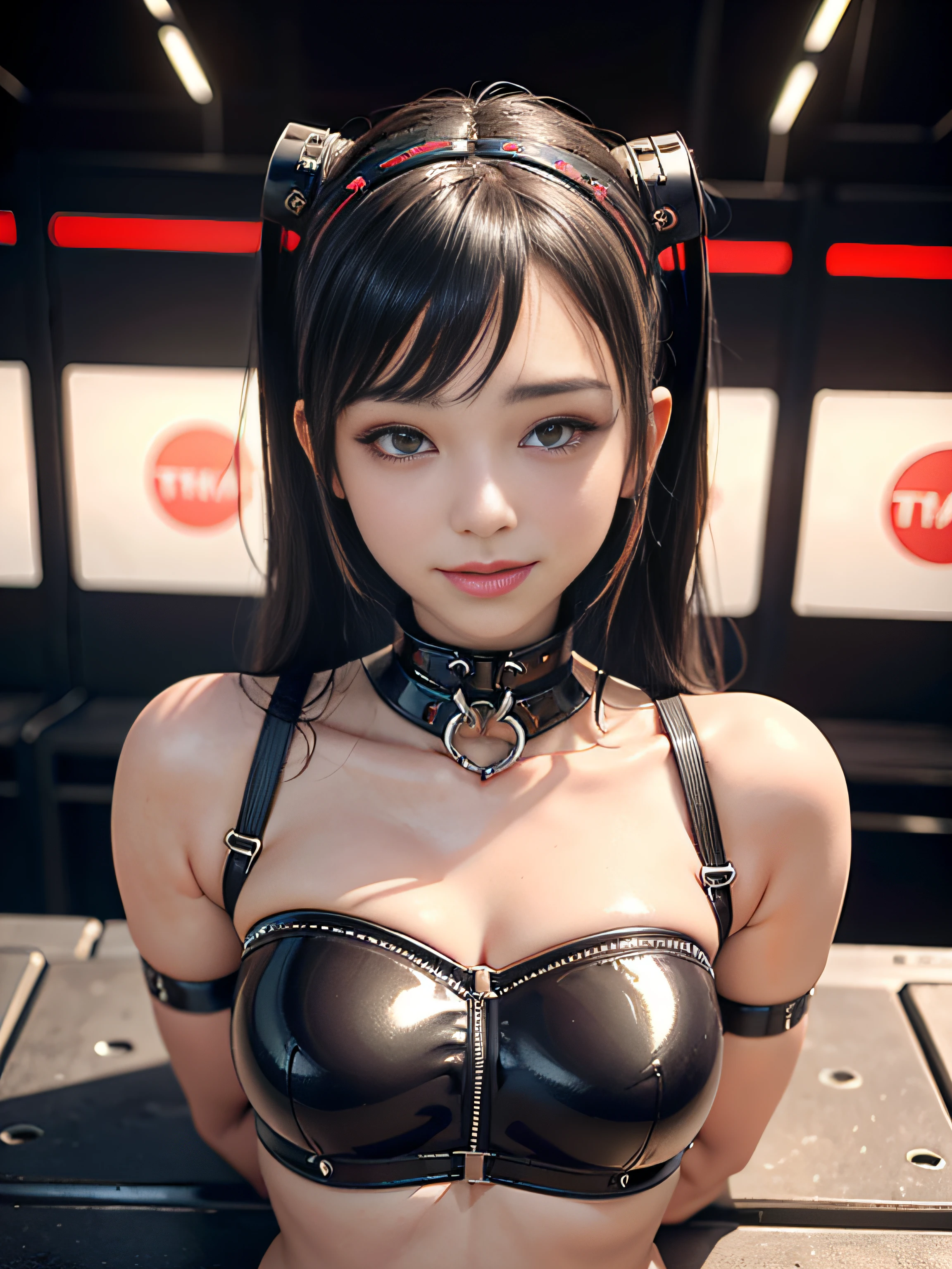Lolita、A smile、18yr old、((top-quality)), ((tmasterpiece)), (high detal:1.3), 0.。.3D, Beautiful fece (cyber punk perssonage:1.3), ((Stylish woman in bondage suit)), super fine illustrations, brunette color hair , With bangs, Shiny,