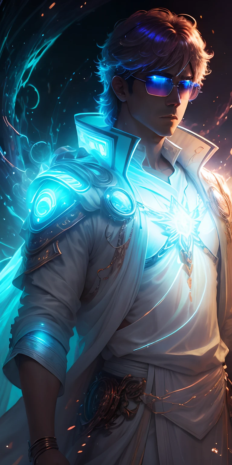 (8k), Ultra resolution 8K, Stunning illustration of a celestial splendid, Ethereal hero , Warrior Prince,, gafas cyberpunk, Cosmic glasses, Flowing luminous white tunic suit ,cinematic lighting