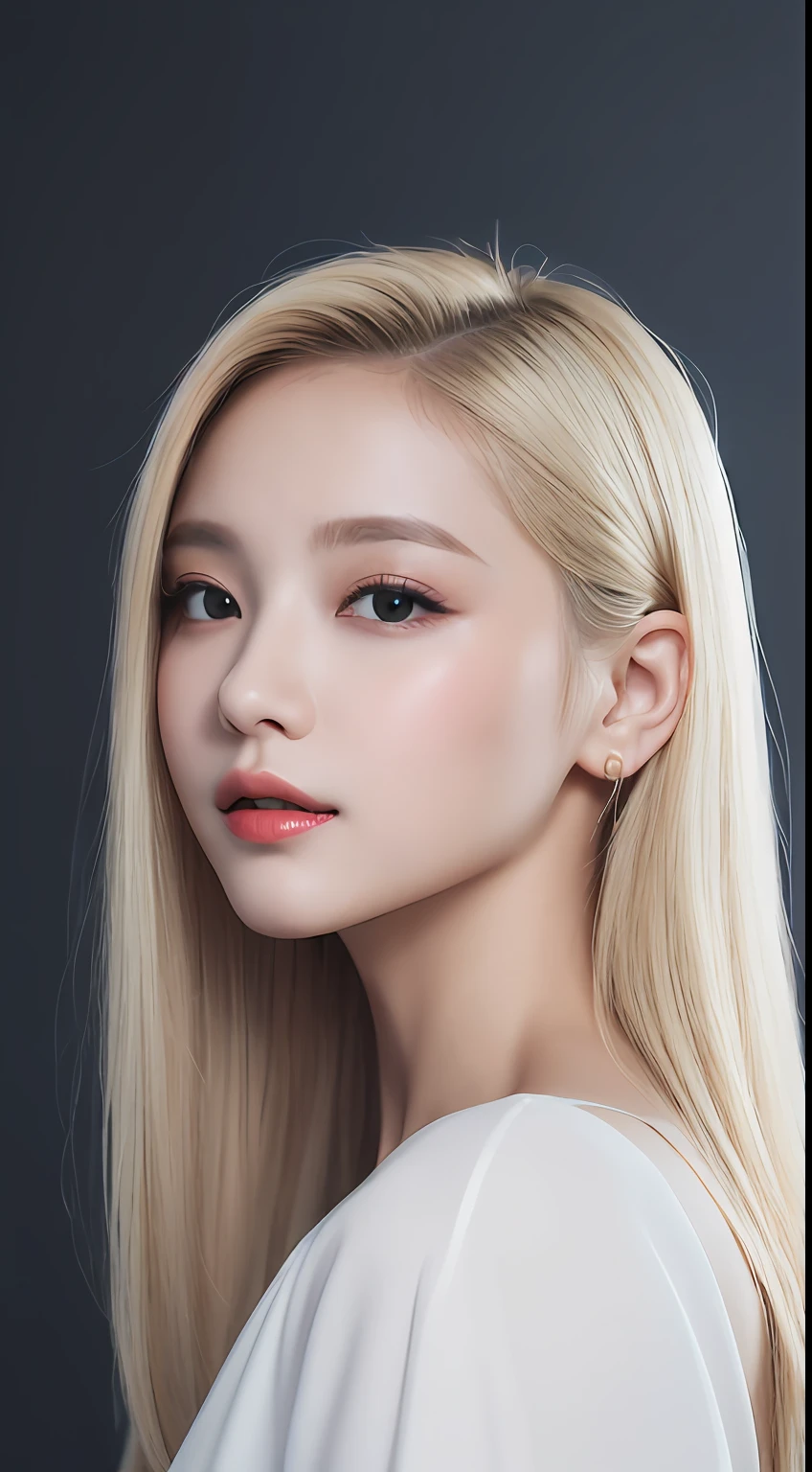 ((Realistic lighting、top-quality、8K、masterpiece:1.3))、Clear focus:1.2、1girl in、flawless beauty:1.4、slim((blonde hair))、Neat and clean clothing、One-piece clothes、Superfine Face、Narrow-eyed、二重まぶた、lighting like a movie、photos realistic、28 year old、Straight hair、Face like a K-pop idol、white backgrounid、Gray background、black backgrounds、Mature Woman、Classy makeup、Light hair color Blonde、Angle of pull、