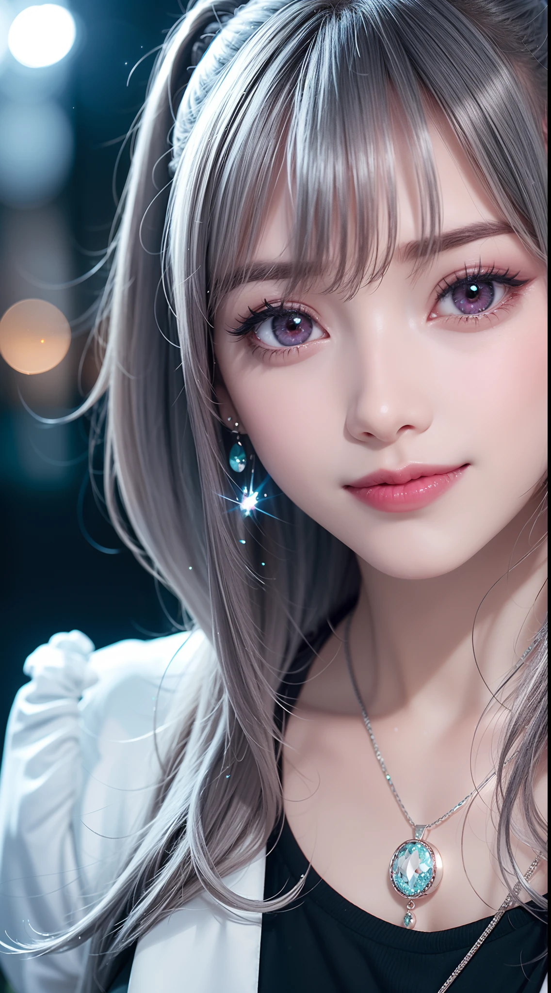 Garden covered with red roses in the background, Silver hair, front ponytail, eyes reflection, red contact lenses, Pink eyes,Heterochromia, Wear earrings, Blue crystal pendant,Evil smile, High detail, romanticism lain, Depth of field, Sparkle, Ray tracing, viewfinder, zoom layer, Close-up, Bokeh, Anatomically correct, High details, 1080p, hyper HD