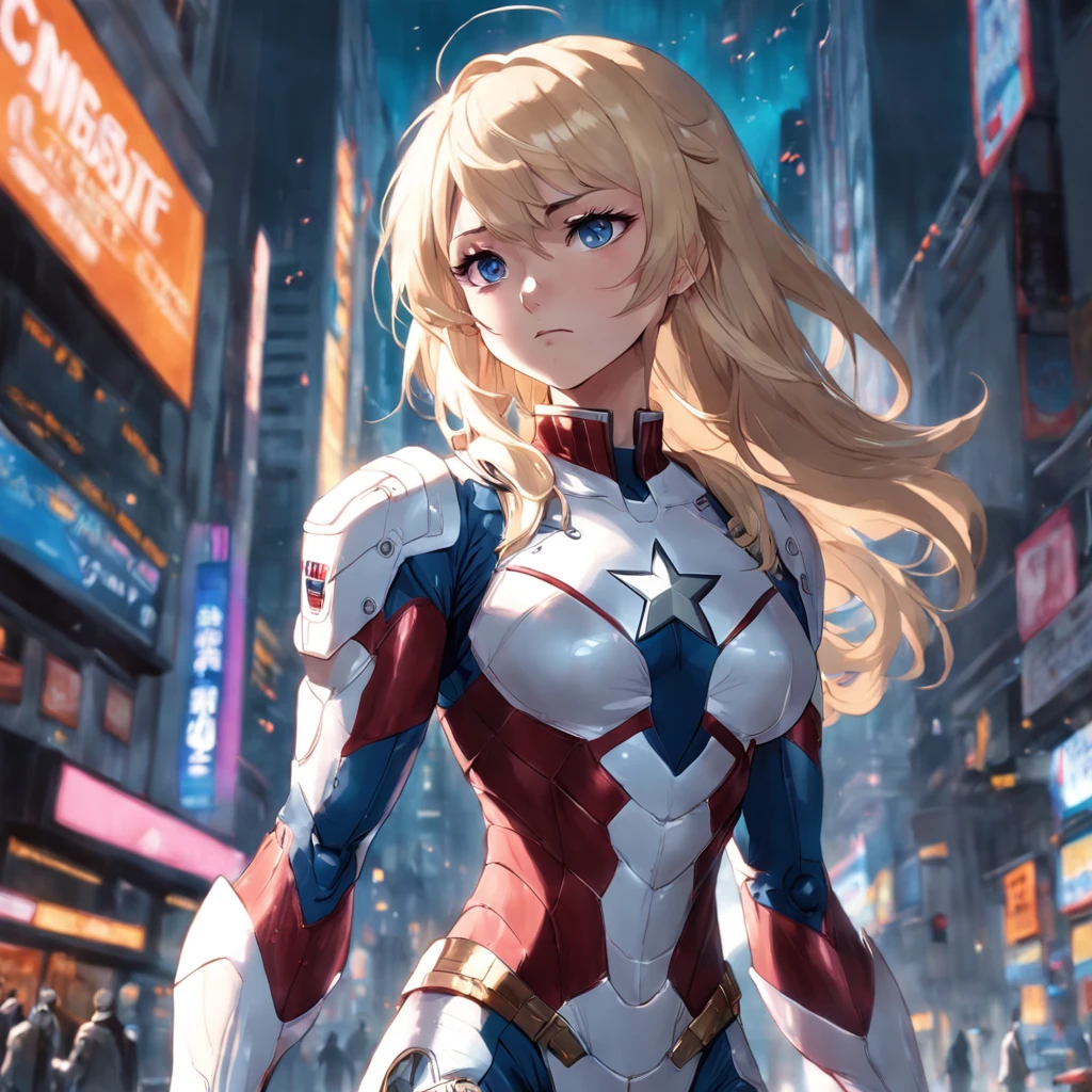 A realistic depiction of an advanced cyber suit-wearing white female captain america